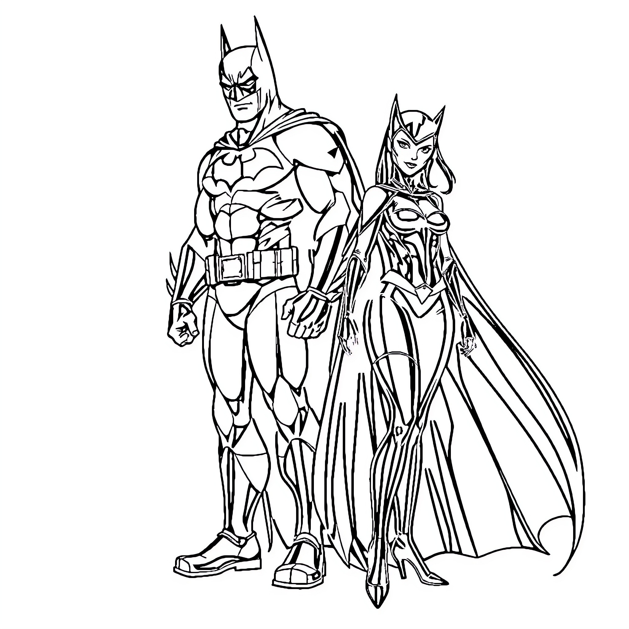 Batman and Catwoman in heroic poses Coloring Page (free black-and-white line drawing printable PDF for all, from beginners to advanced learners, including children, teens, adults, and seniors)