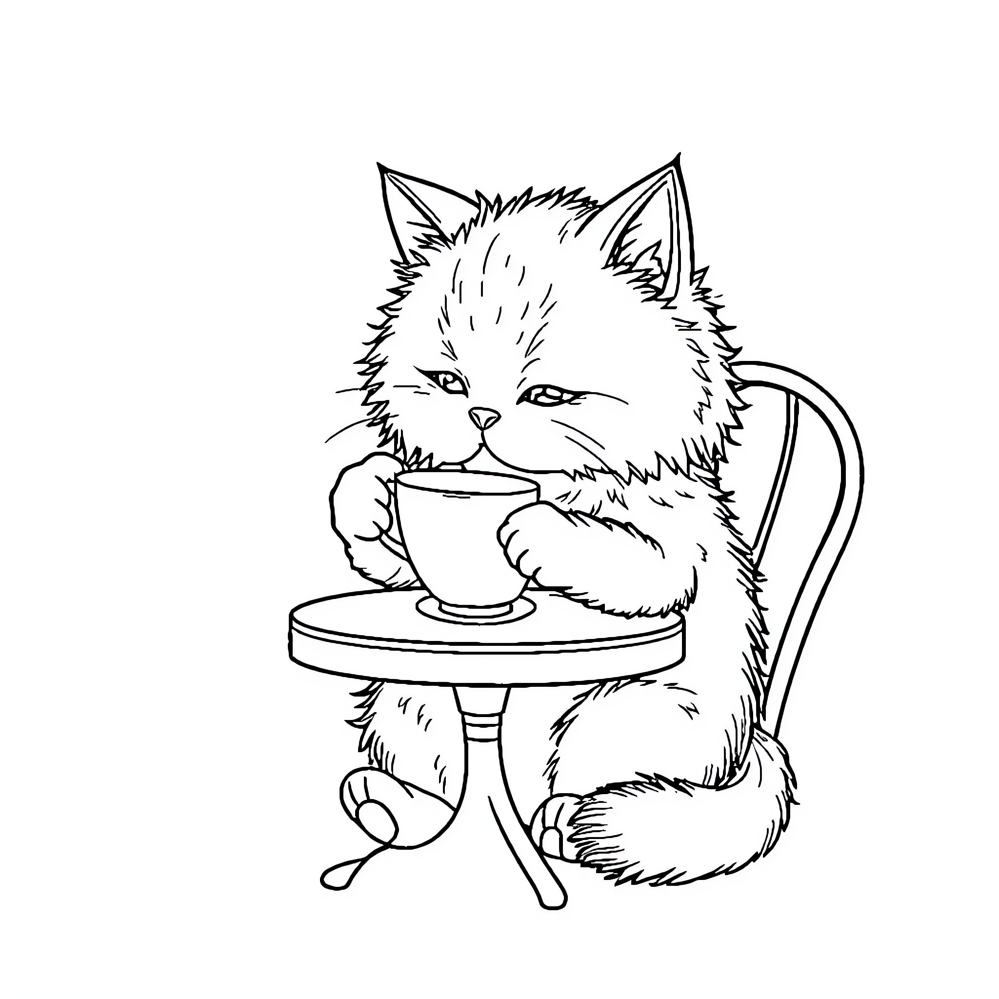 Cat enjoying a warm beverage Coloring Page (free black-and-white line drawing printable PDF for all, from beginners to advanced learners, including children, teens, adults, and seniors)