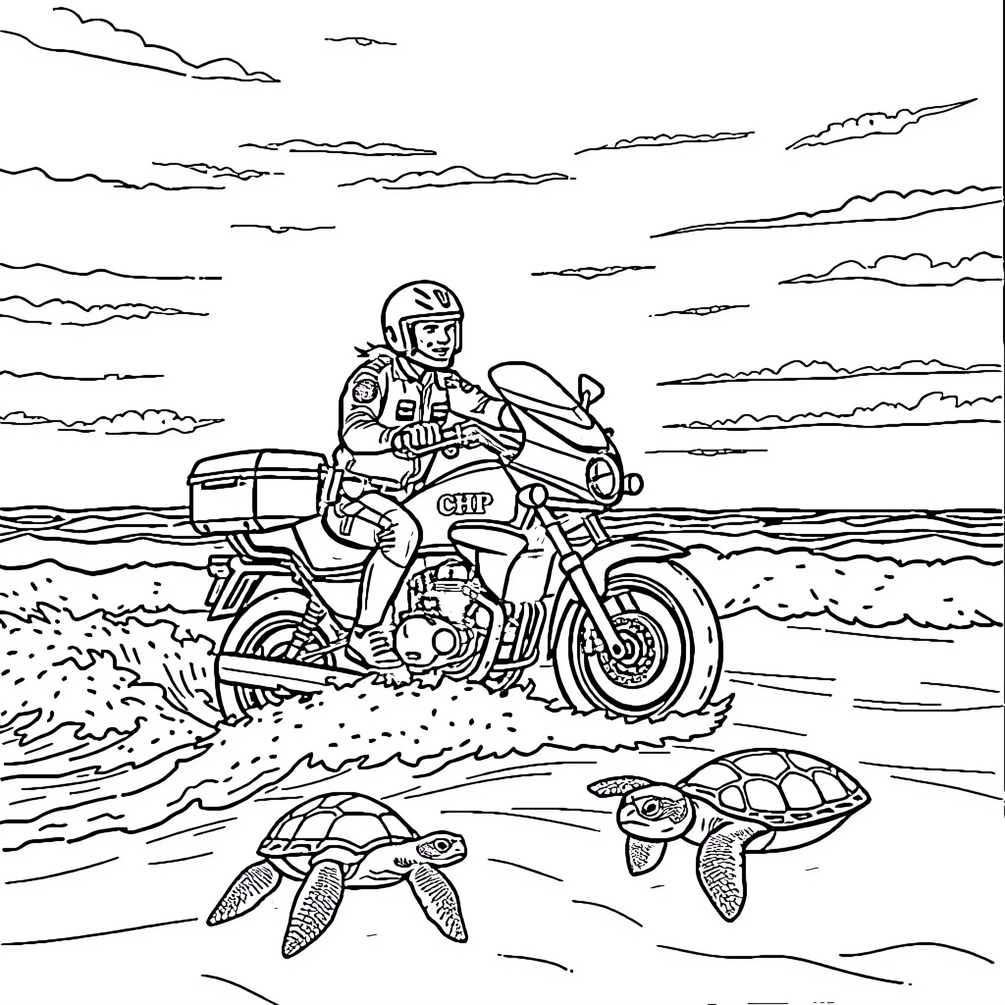 Motorcycle rider navigating through rugged terrain Coloring Page (free black-and-white line drawing printable PDF for all, from beginners to advanced learners, including children, teens, adults, and seniors)