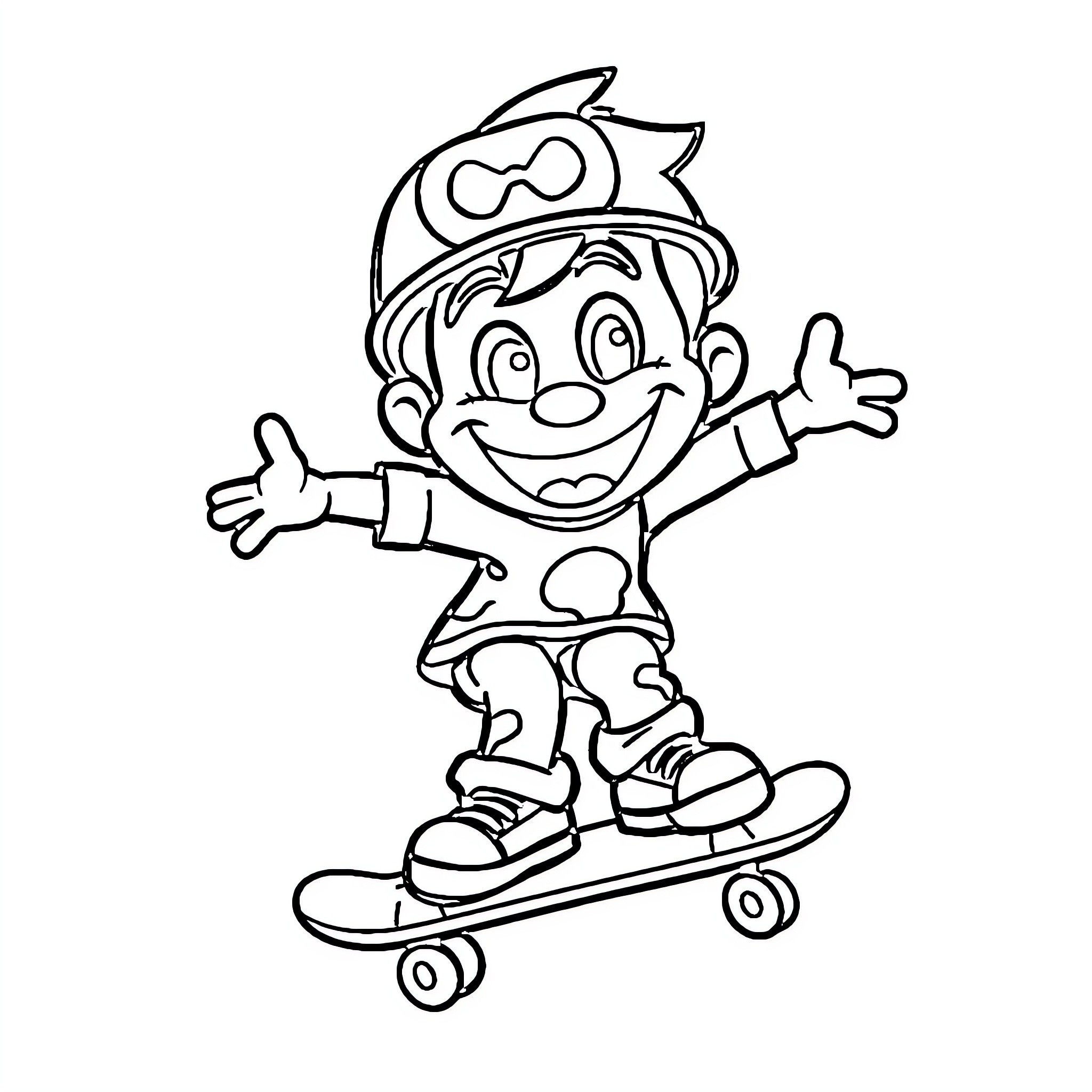 Mr. Happy Skates with Joy on a Skateboard Coloring Page (free black-and-white line drawing printable PDF for all, from beginners to advanced learners, including children, teens, adults, and seniors)