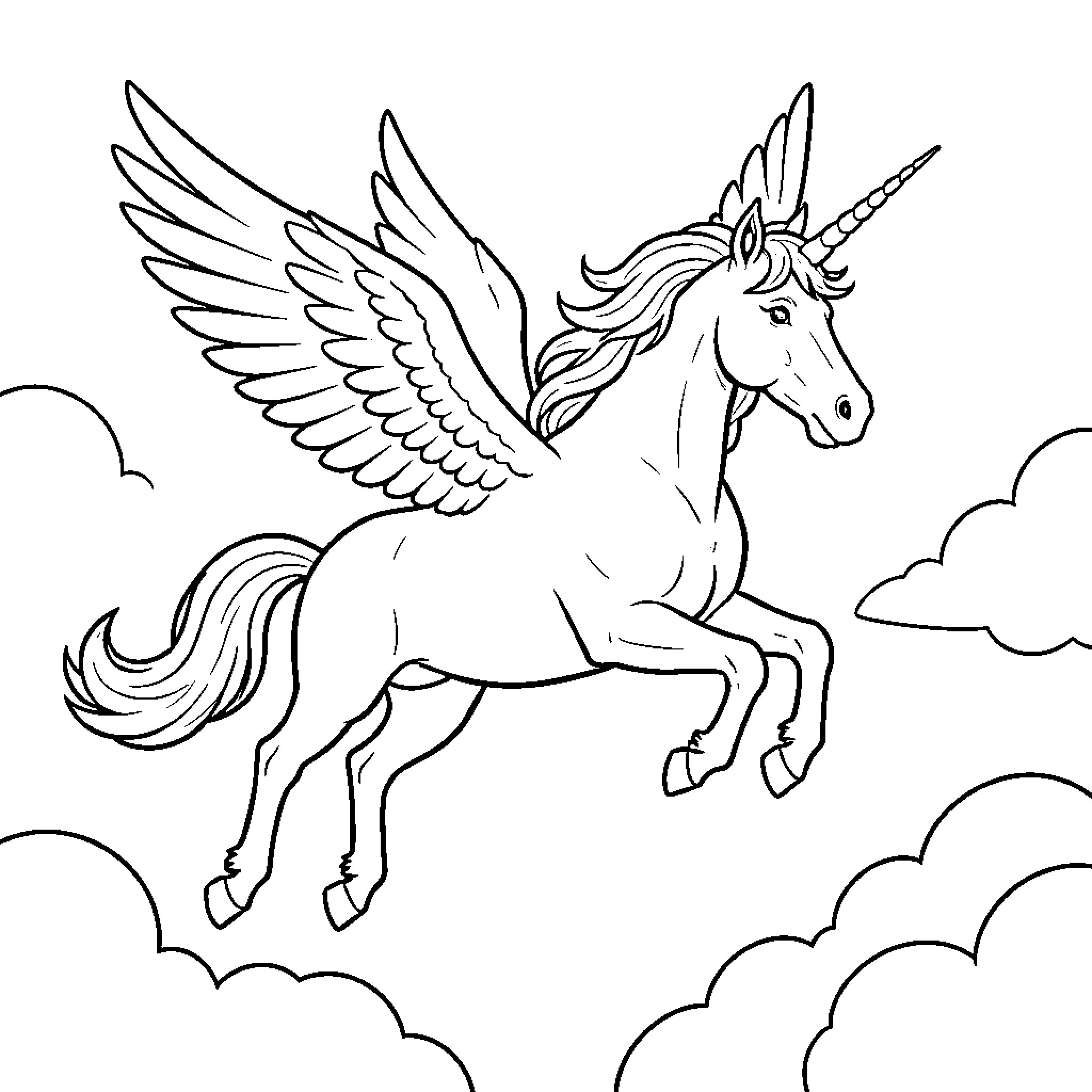 Flying Unicorn soaring gracefully through the clouds Coloring Page (free black-and-white line drawing printable PDF for all, from beginners to advanced learners, including children, teens, adults, and seniors)