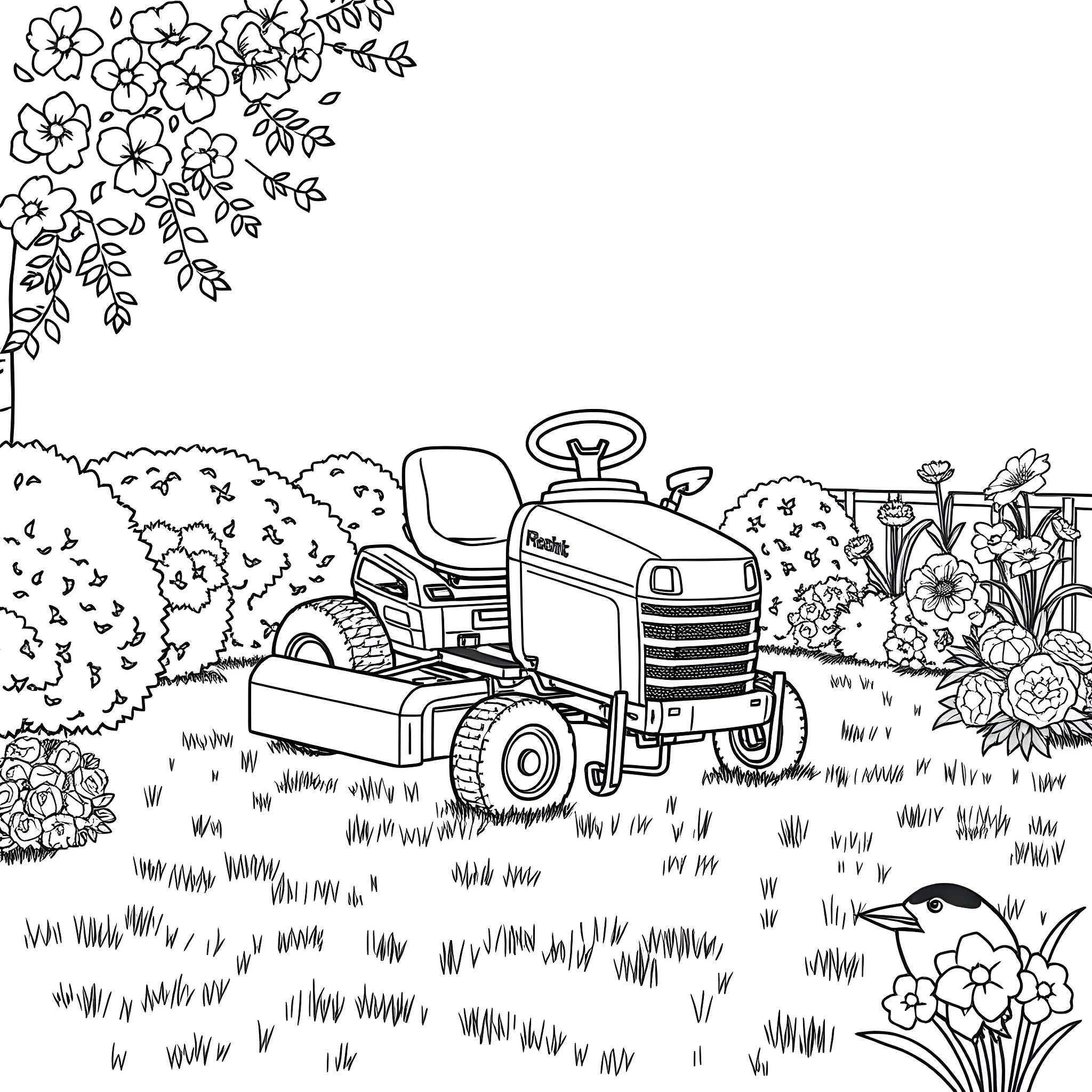 Riding Mower in a Lush Garden Coloring Page (free black-and-white line drawing printable PDF for all, from beginners to advanced learners, including children, teens, adults, and seniors)