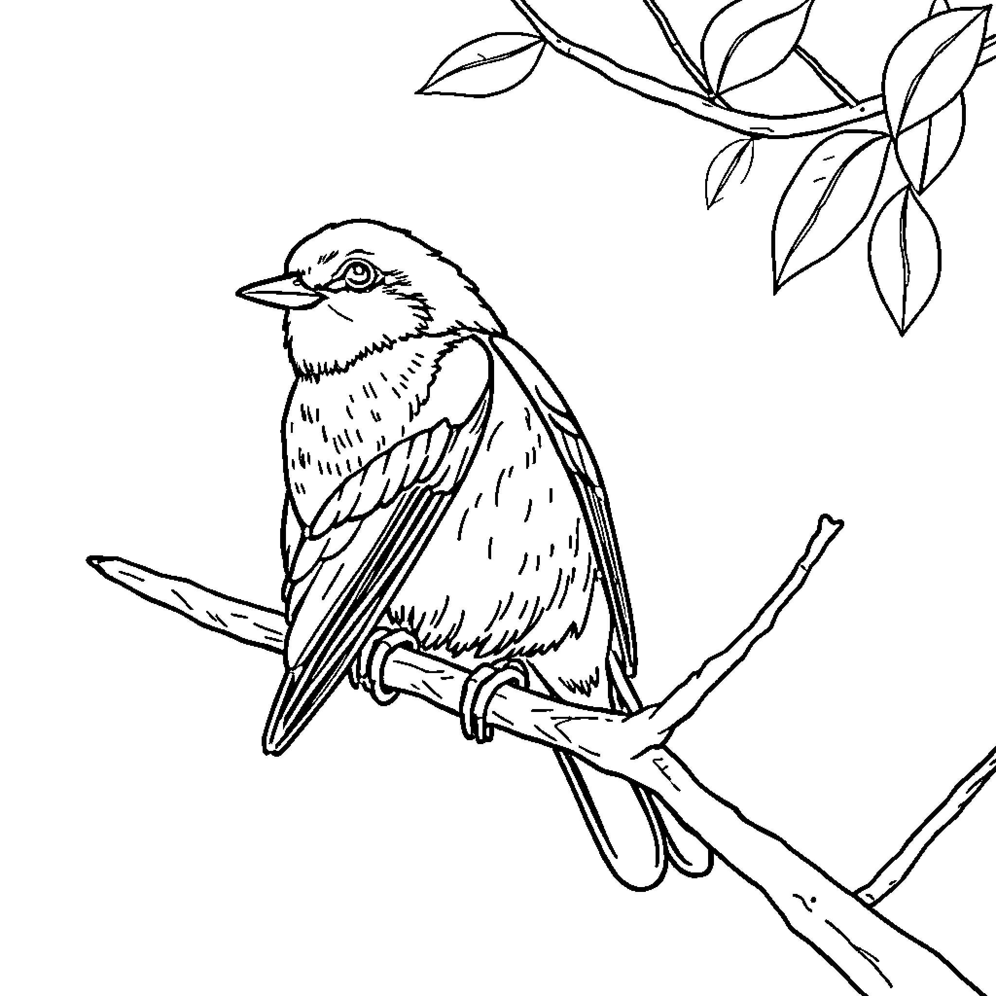 Bird perching on branch with leaves Coloring Page (free black-and-white line drawing printable PDF for all, from beginners to advanced learners, including children, teens, adults, and seniors)
