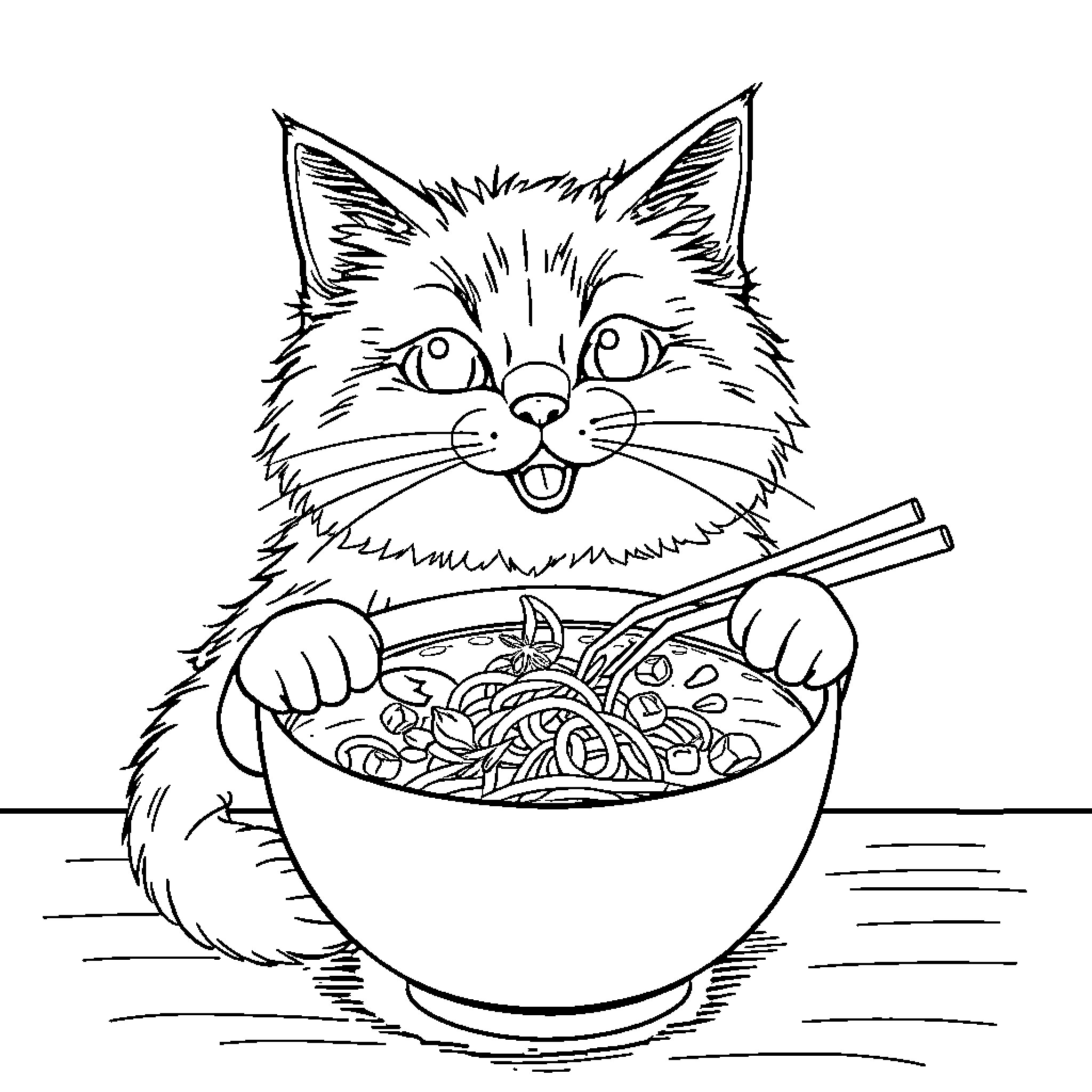 Cat enjoying a bowl of noodles Coloring Page (free black-and-white line drawing printable PDF for all, from beginners to advanced learners, including children, teens, adults, and seniors)