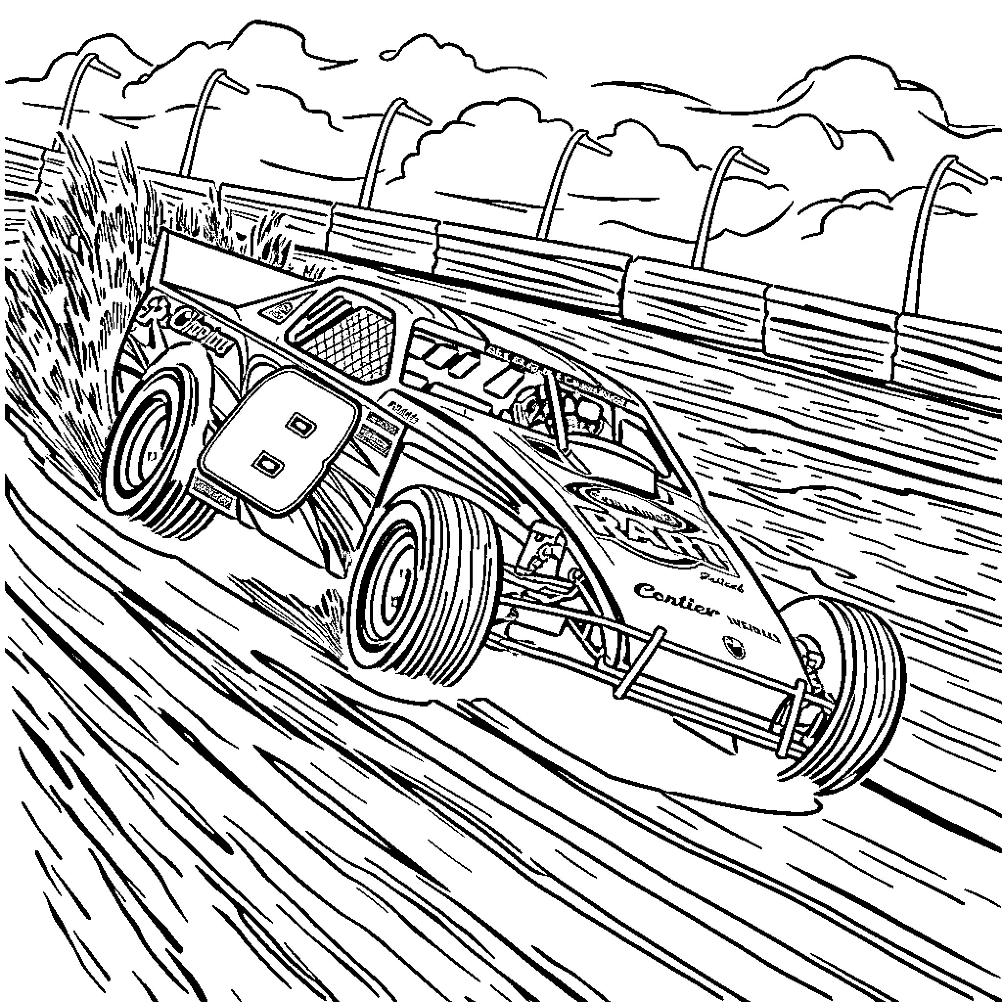 Dirt Late Model speeding through mountainous landscape Coloring Page (free black-and-white line drawing printable PDF for all, from beginners to advanced learners, including children, teens, adults, and seniors)