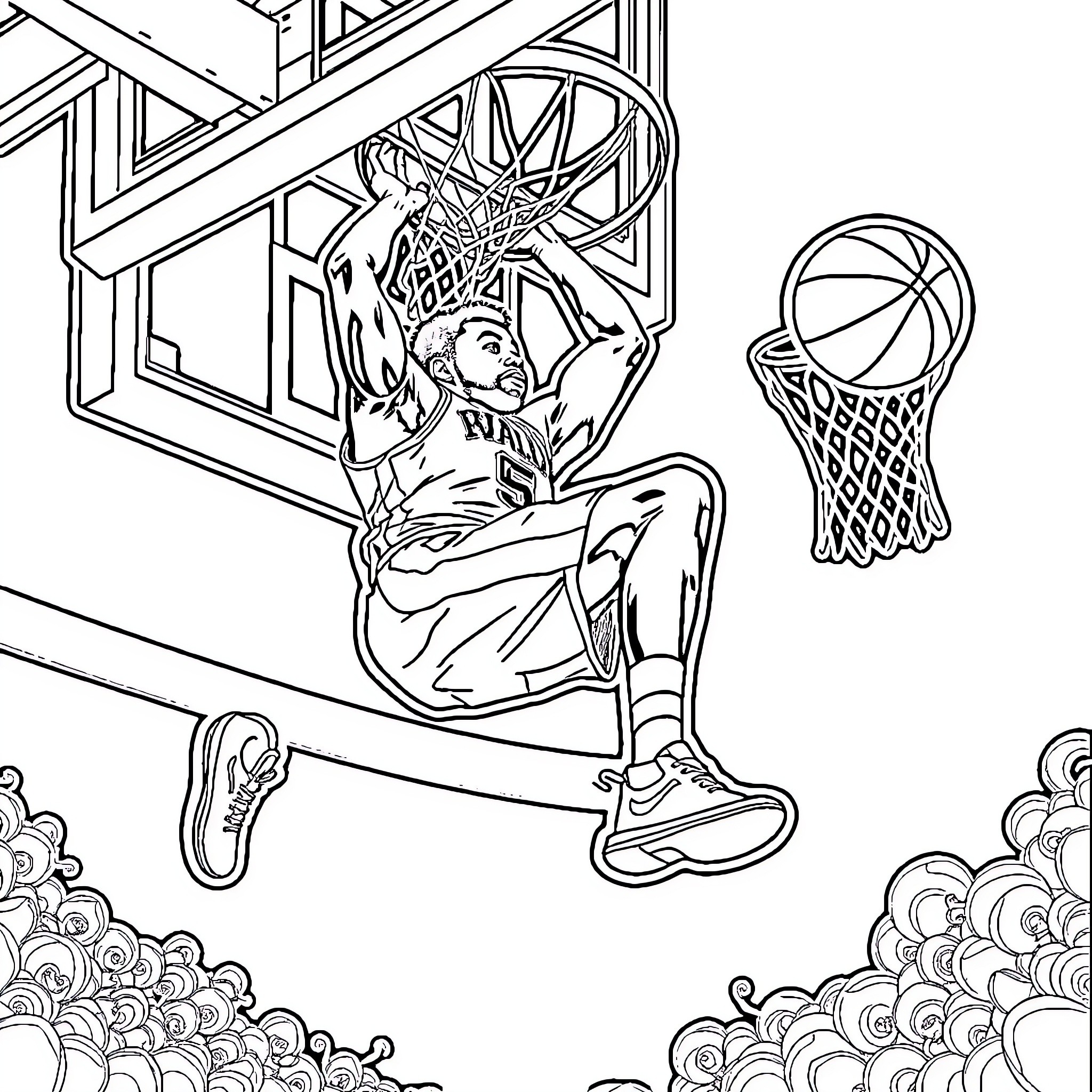 Julius Randle Dunking with Energy and Passion Coloring Page (free black-and-white line drawing printable PDF for all, from beginners to advanced learners, including children, teens, adults, and seniors)