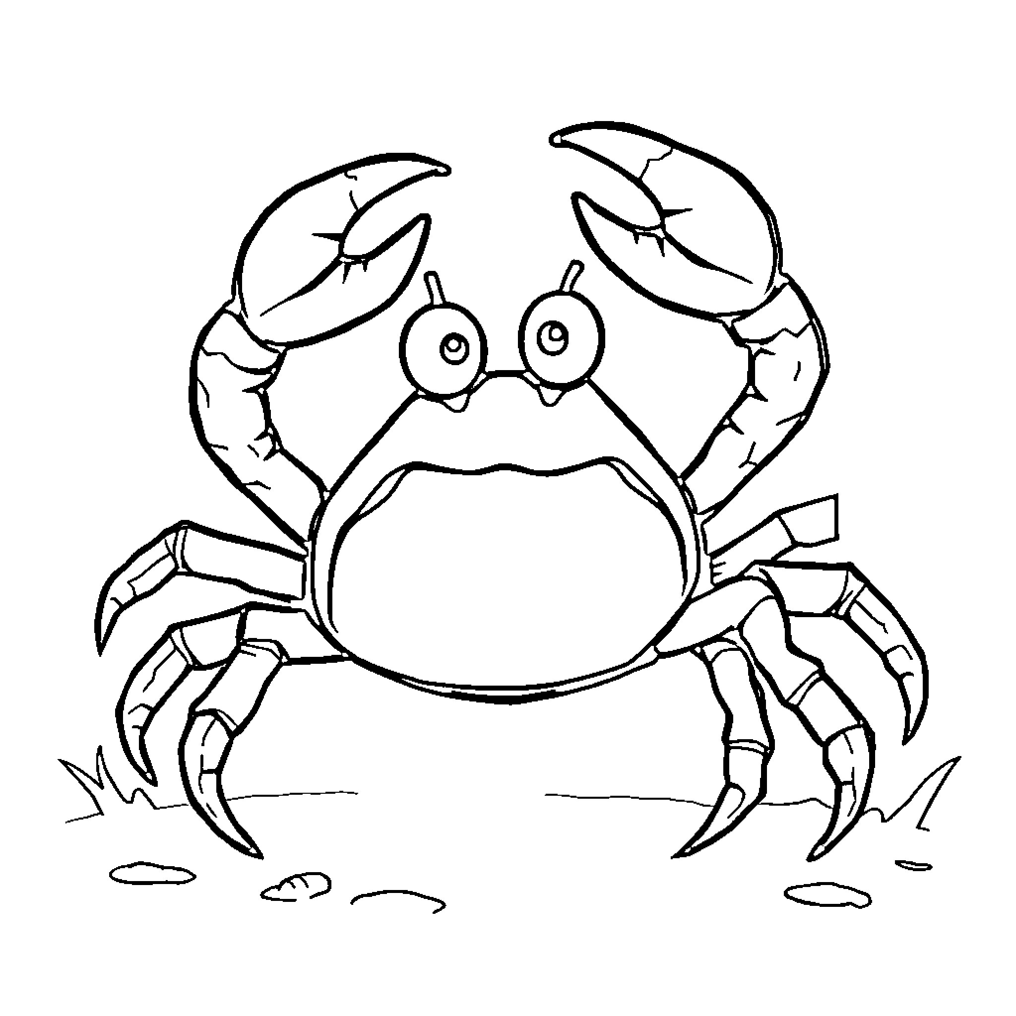 Crab with expressive features on a rocky shore Coloring Page (free black-and-white line drawing printable PDF for all, from beginners to advanced learners, including children, teens, adults, and seniors)