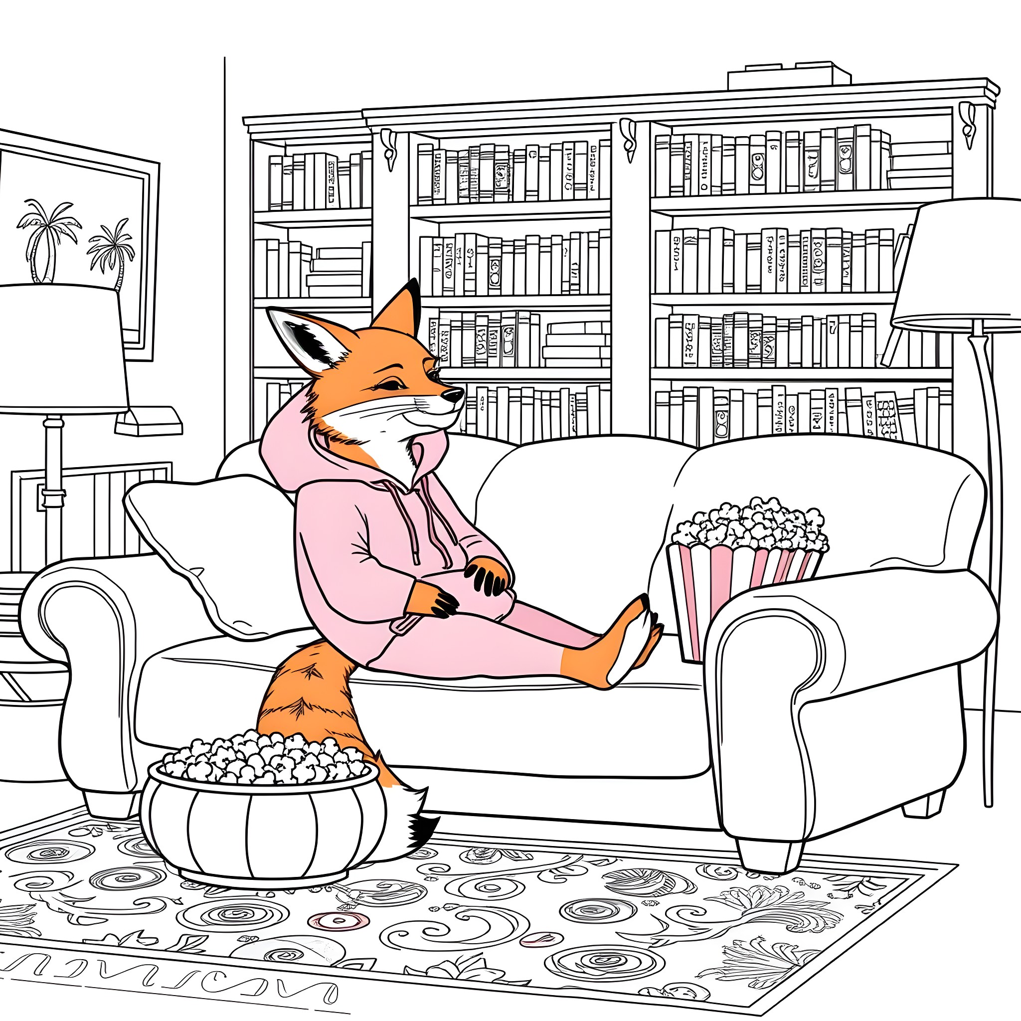 Fox relaxing on the couch with snacks in a cozy study Coloring Page (free black-and-white line drawing printable PDF for all, from beginners to advanced learners, including children, teens, adults, and seniors)