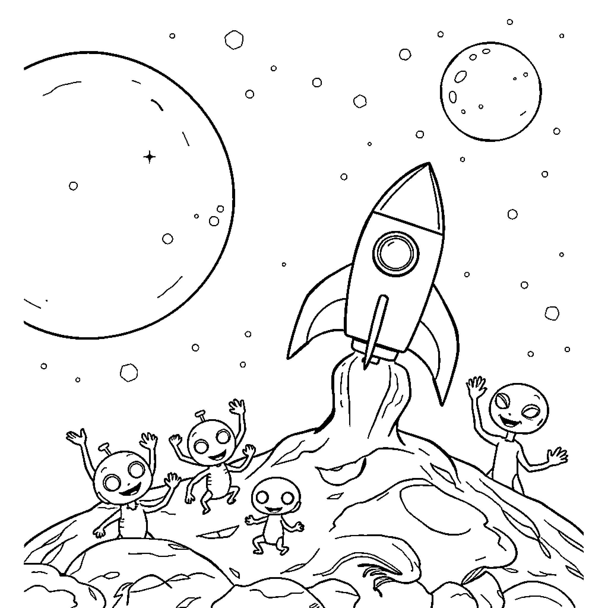 Rocket spacecraft launching with alien characters Coloring Page (free black-and-white line drawing printable PDF for all, from beginners to advanced learners, including children, teens, adults, and seniors)