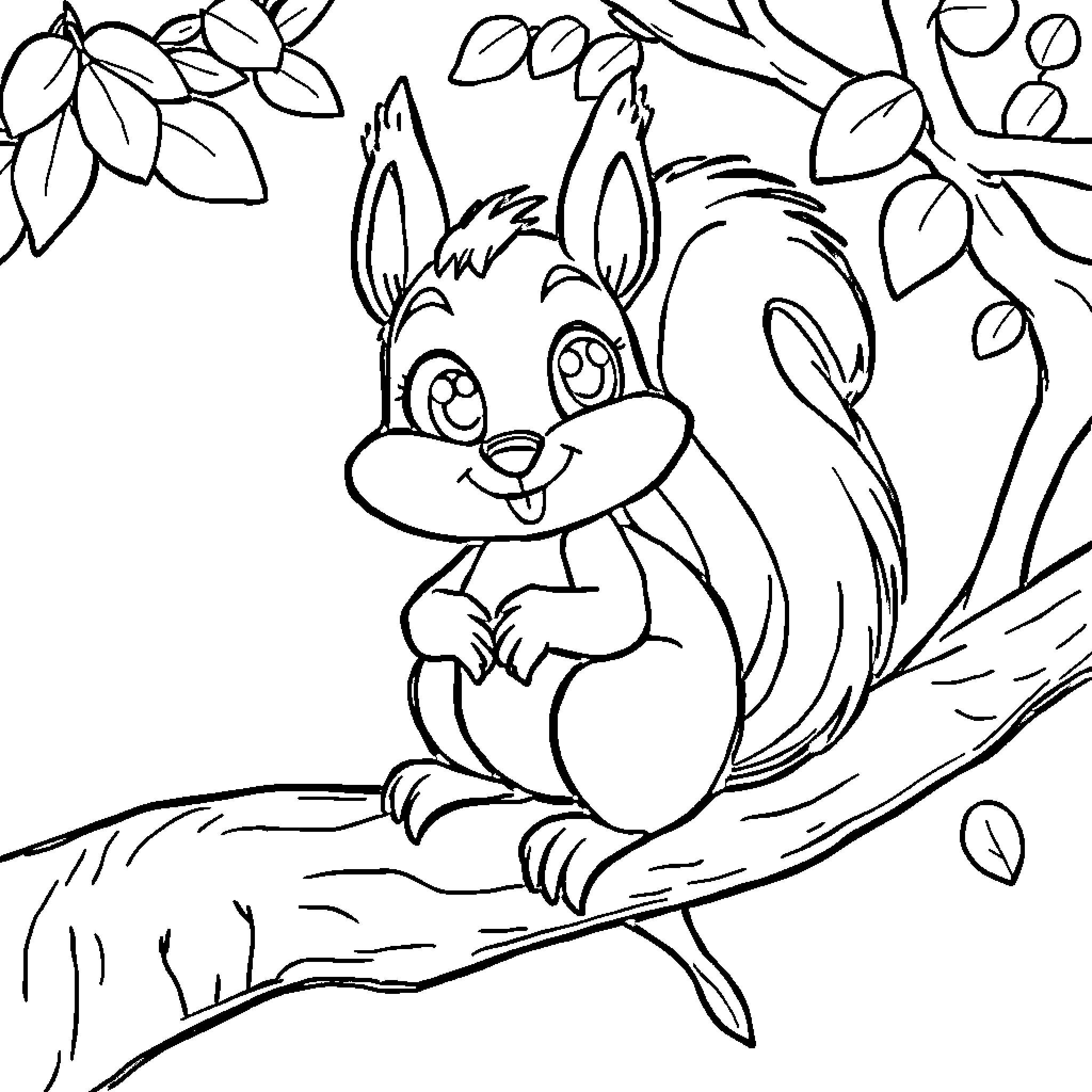 Squirrel Enjoying Nature on a Tree Branch Coloring Page (free black-and-white line drawing printable PDF for all, from beginners to advanced learners, including children, teens, adults, and seniors)