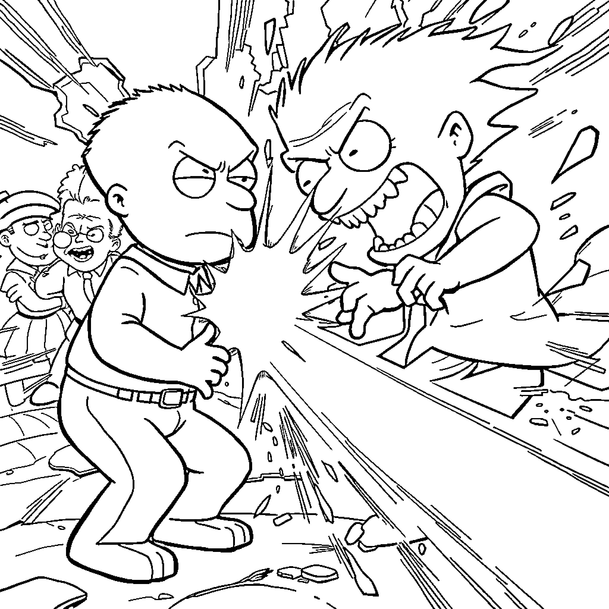 Stewie in a chaotic scene of conflict Coloring Page (free black-and-white line drawing printable PDF for all, from beginners to advanced learners, including children, teens, adults, and seniors)