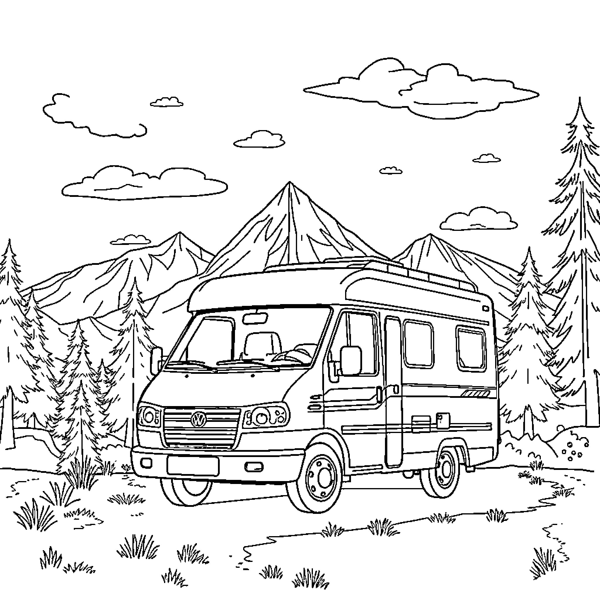 T5 Recreational Vehicle Exploring Mountainous Landscape Coloring Page (free black-and-white line drawing printable PDF for all, from beginners to advanced learners, including children, teens, adults, and seniors)