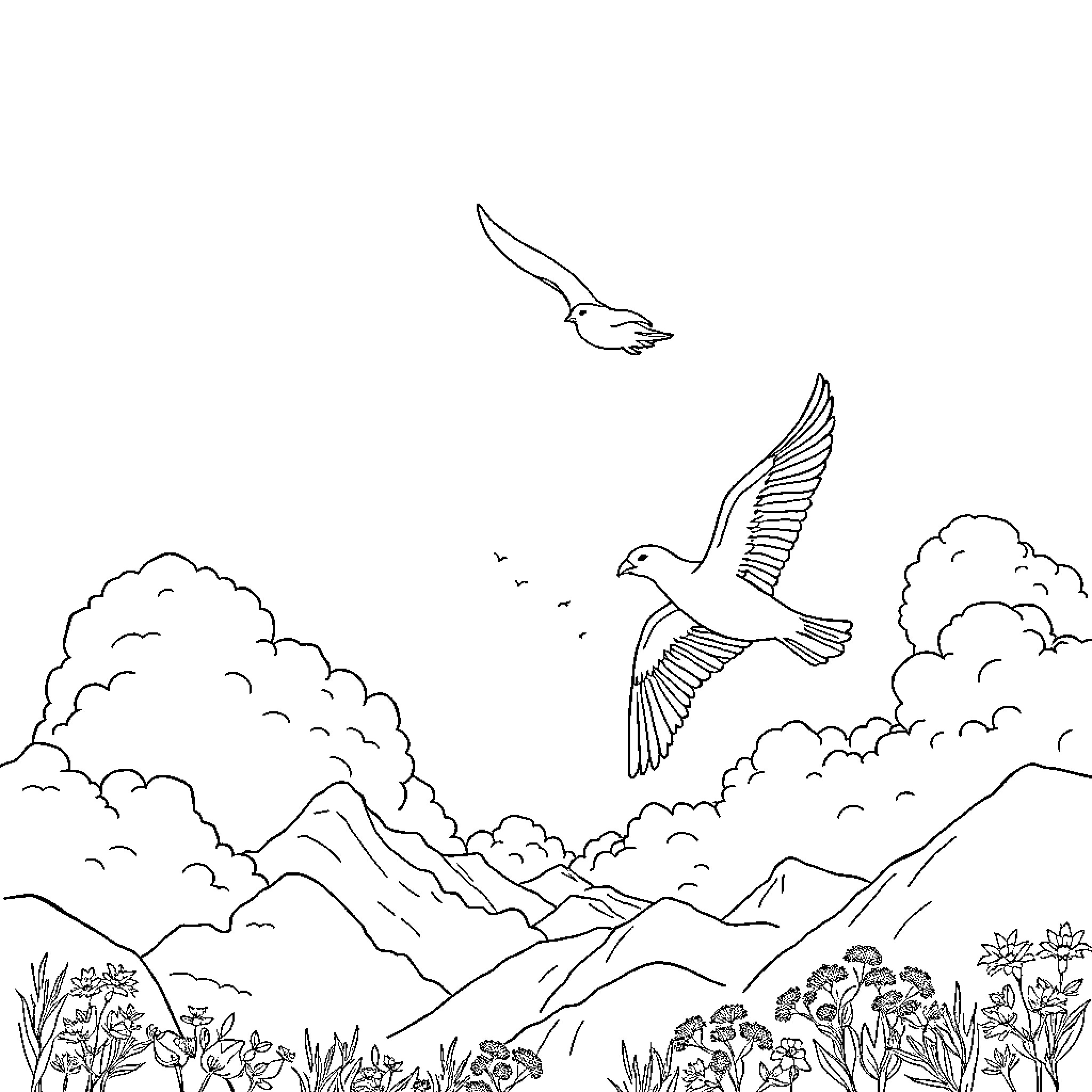 Birds soaring over mountainous landscape Coloring Page (free black-and-white line drawing printable PDF for all, from beginners to advanced learners, including children, teens, adults, and seniors)