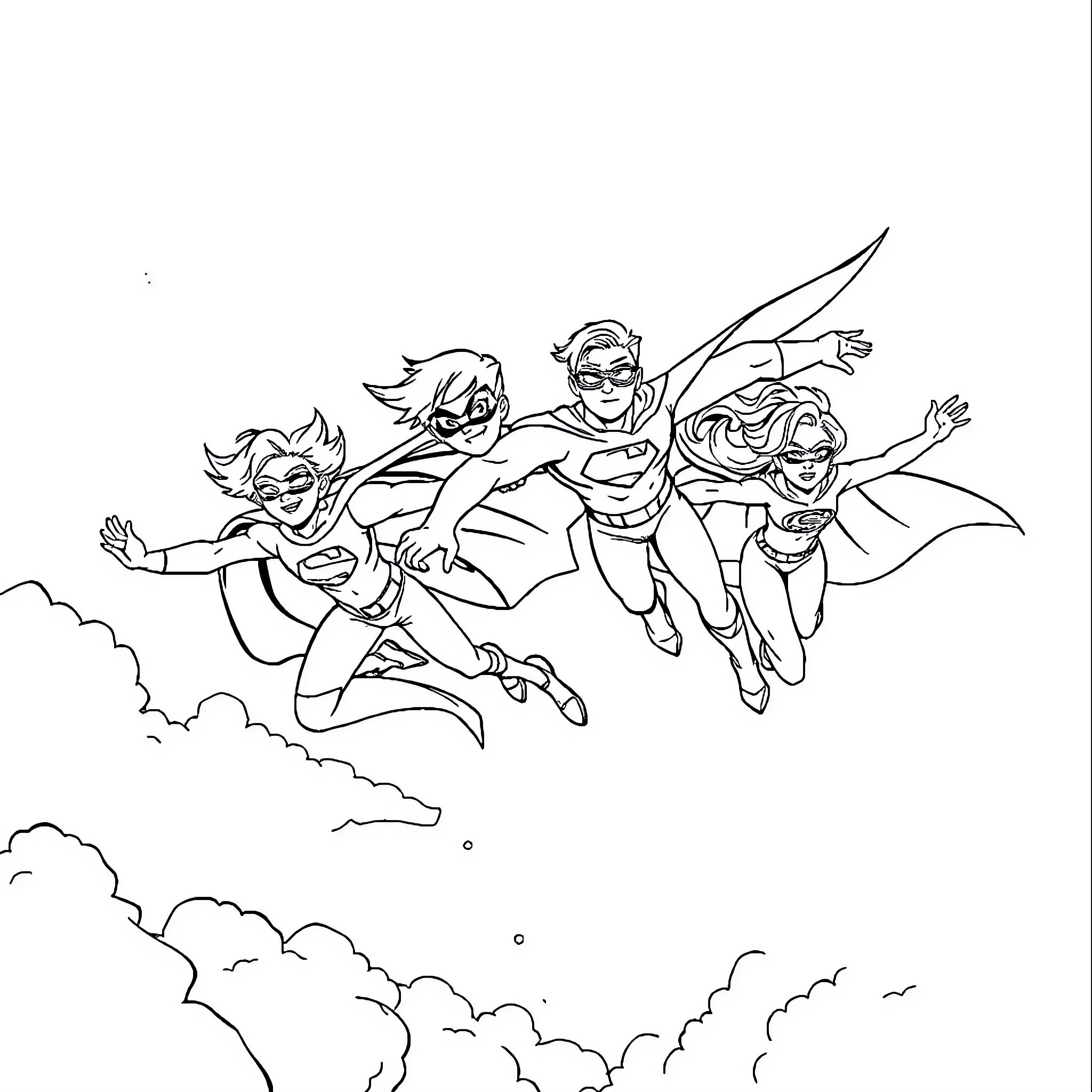 Hero Superheroes Soaring in the Sky Coloring Page (free black-and-white line drawing printable PDF for all, from beginners to advanced learners, including children, teens, adults, and seniors)