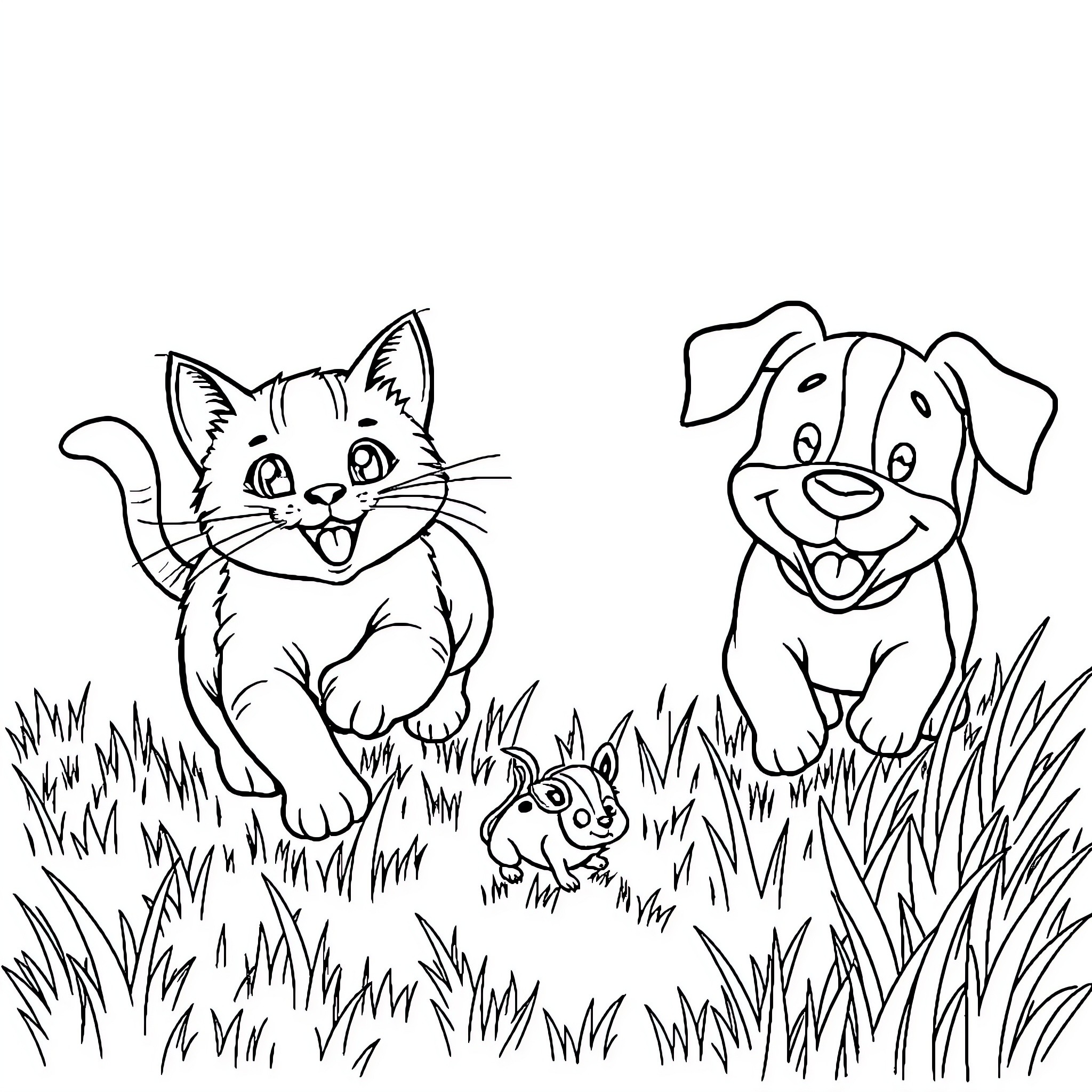 Cat and dog playing in the grass Coloring Page (free black-and-white line drawing printable PDF for all, from beginners to advanced learners, including children, teens, adults, and seniors)