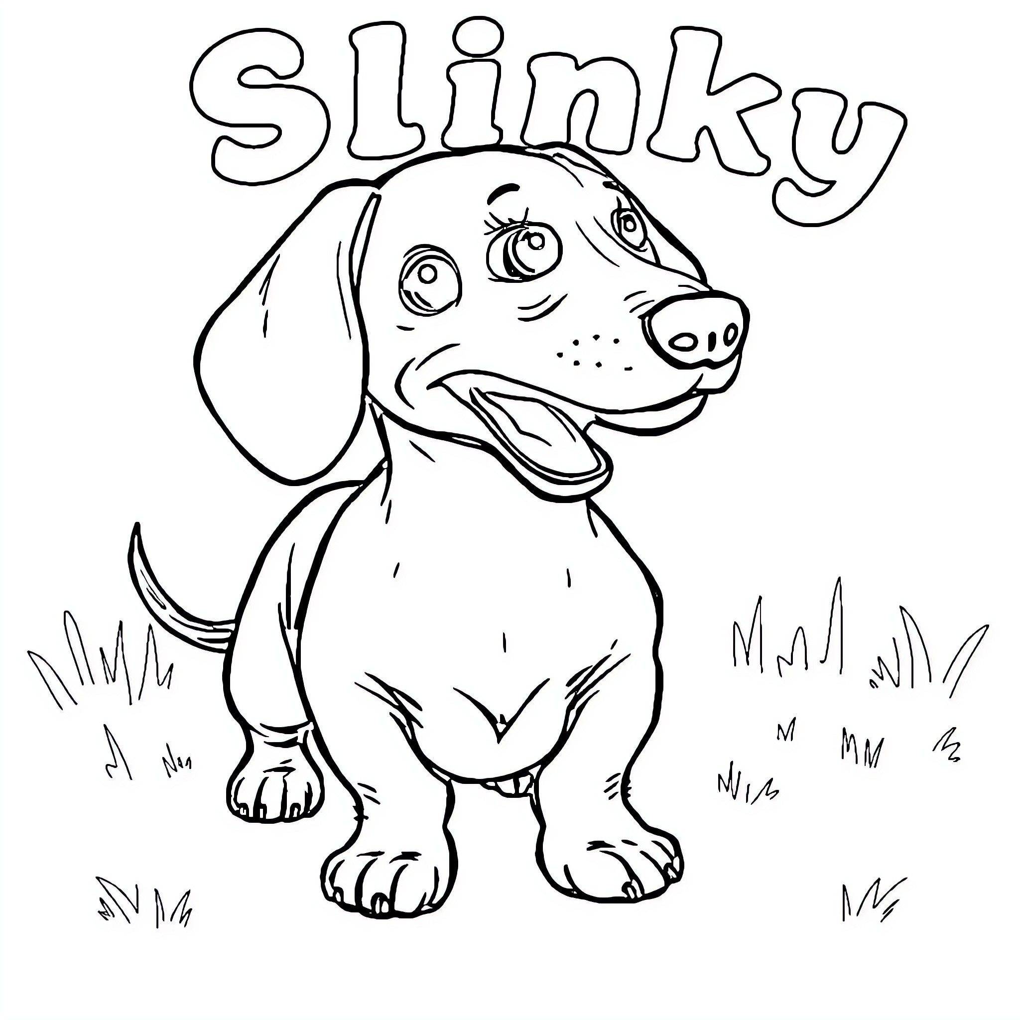 Dachshund pup with playful expression Coloring Page (free black-and-white line drawing printable PDF for all, from beginners to advanced learners, including children, teens, adults, and seniors)