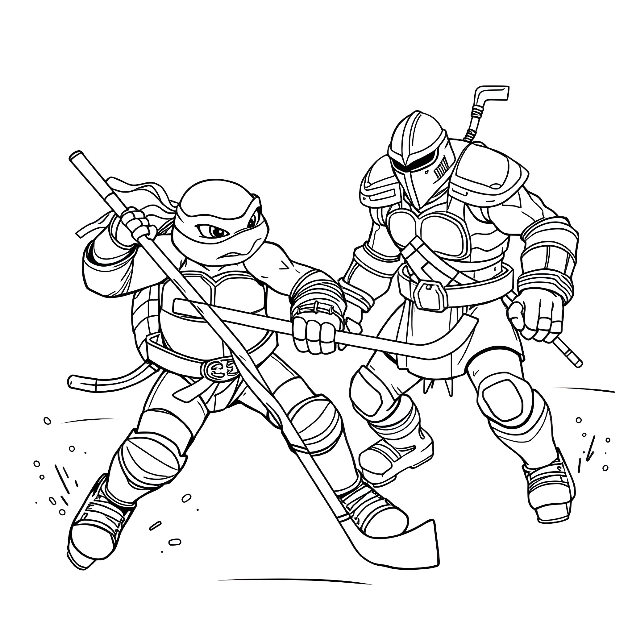 Ninja Turtle warriors in combat stance Coloring Page (free black-and-white line drawing printable PDF for all, from beginners to advanced learners, including children, teens, adults, and seniors)
