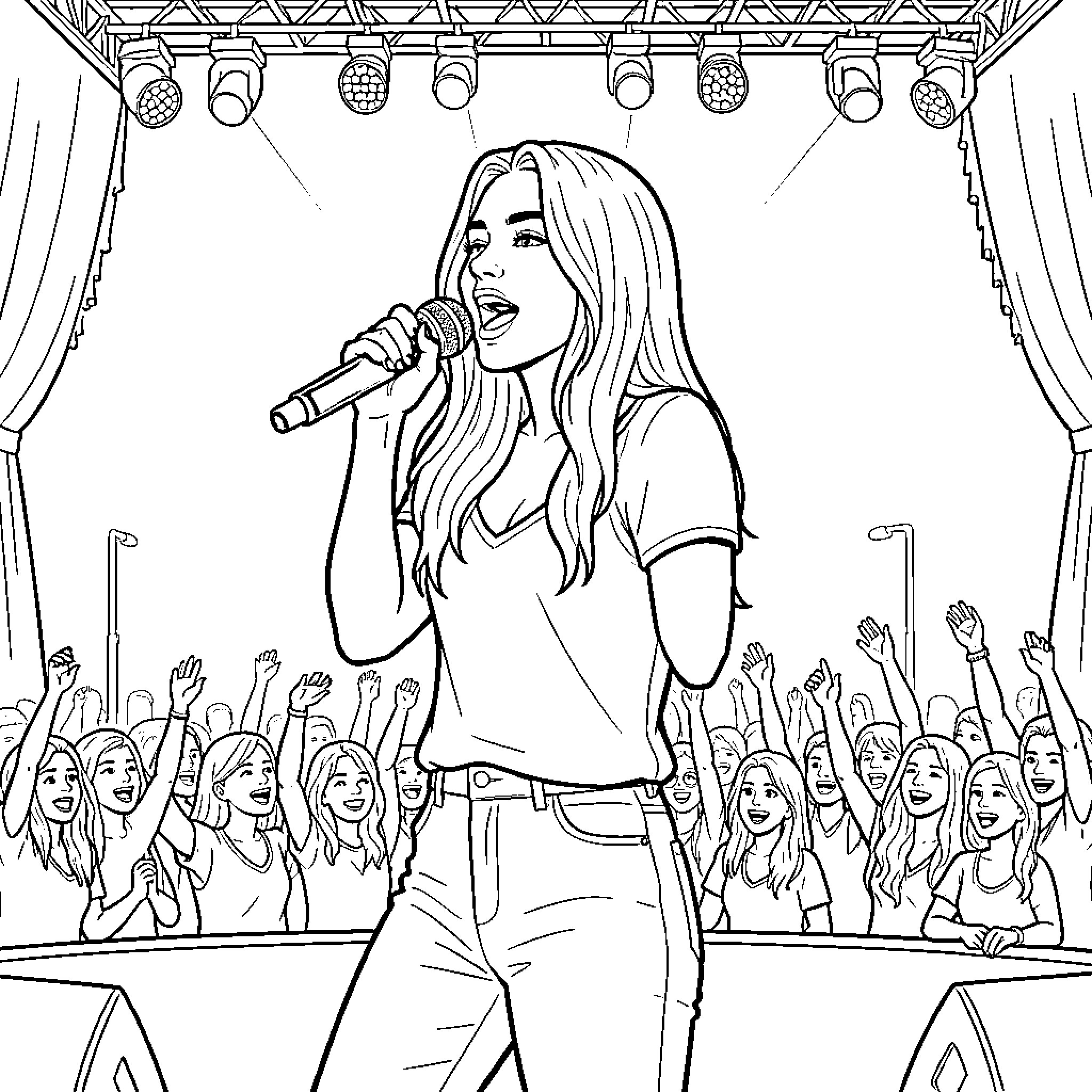 Zara Larsson singing into a microphone on stage Coloring Page (free black-and-white line drawing printable PDF for all, from beginners to advanced learners, including children, teens, adults, and seniors)