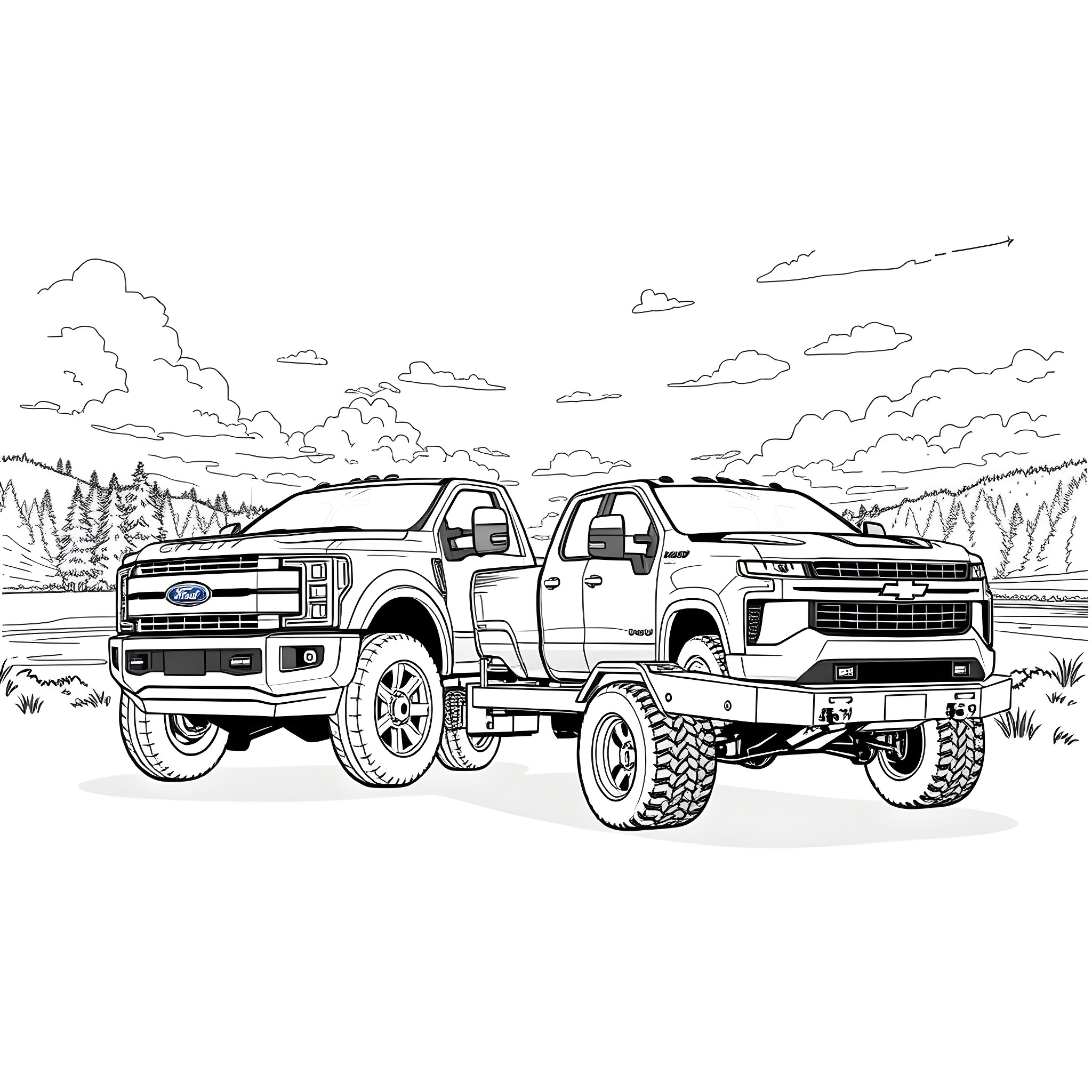 Truck Duo on Off-Road Adventure Coloring Page (free black-and-white line drawing printable PDF for all, from beginners to advanced learners, including children, teens, adults, and seniors)