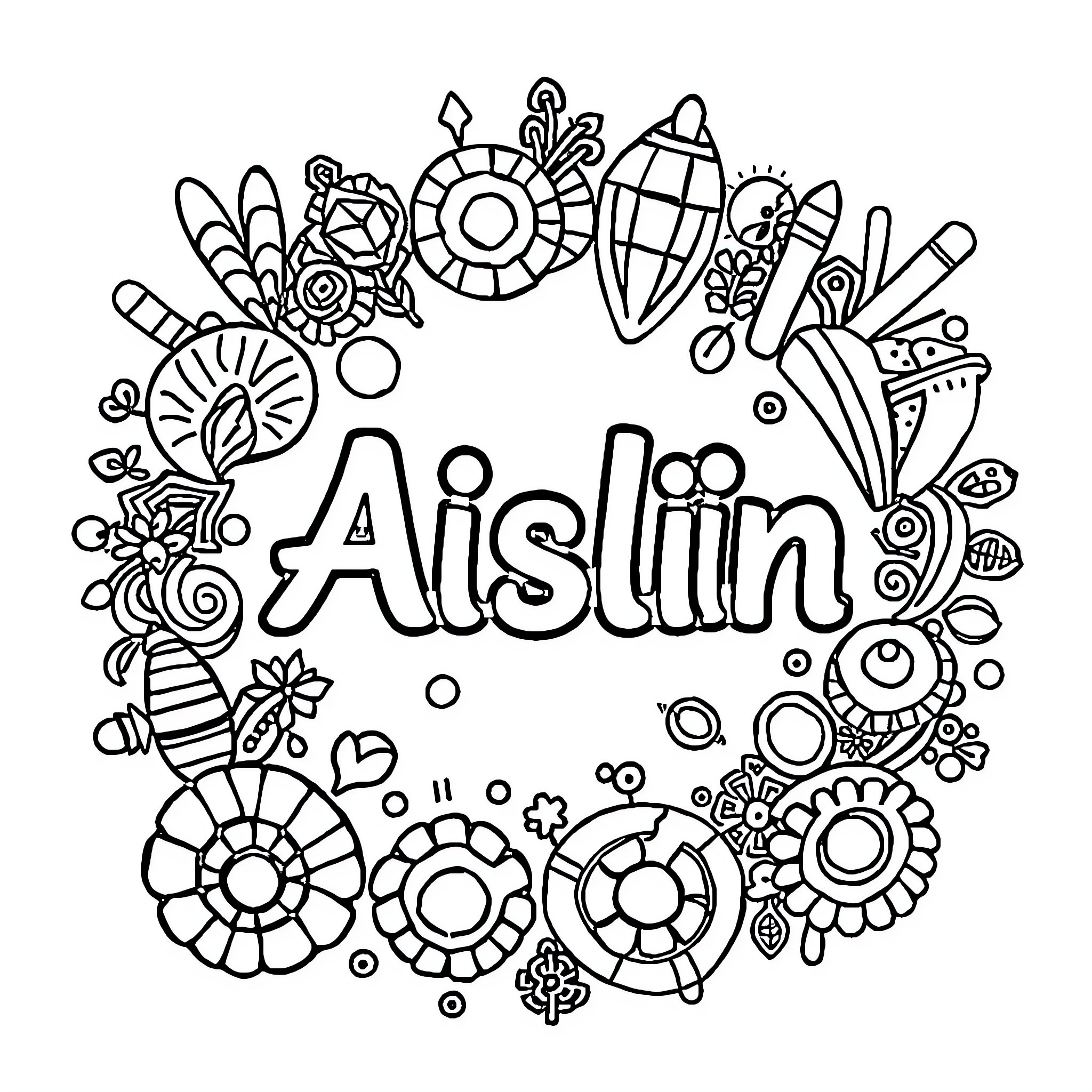 Aislin's Whimsical Doodle Coloring Page (free black-and-white line drawing printable PDF for all, from beginners to advanced learners, including children, teens, adults, and seniors)