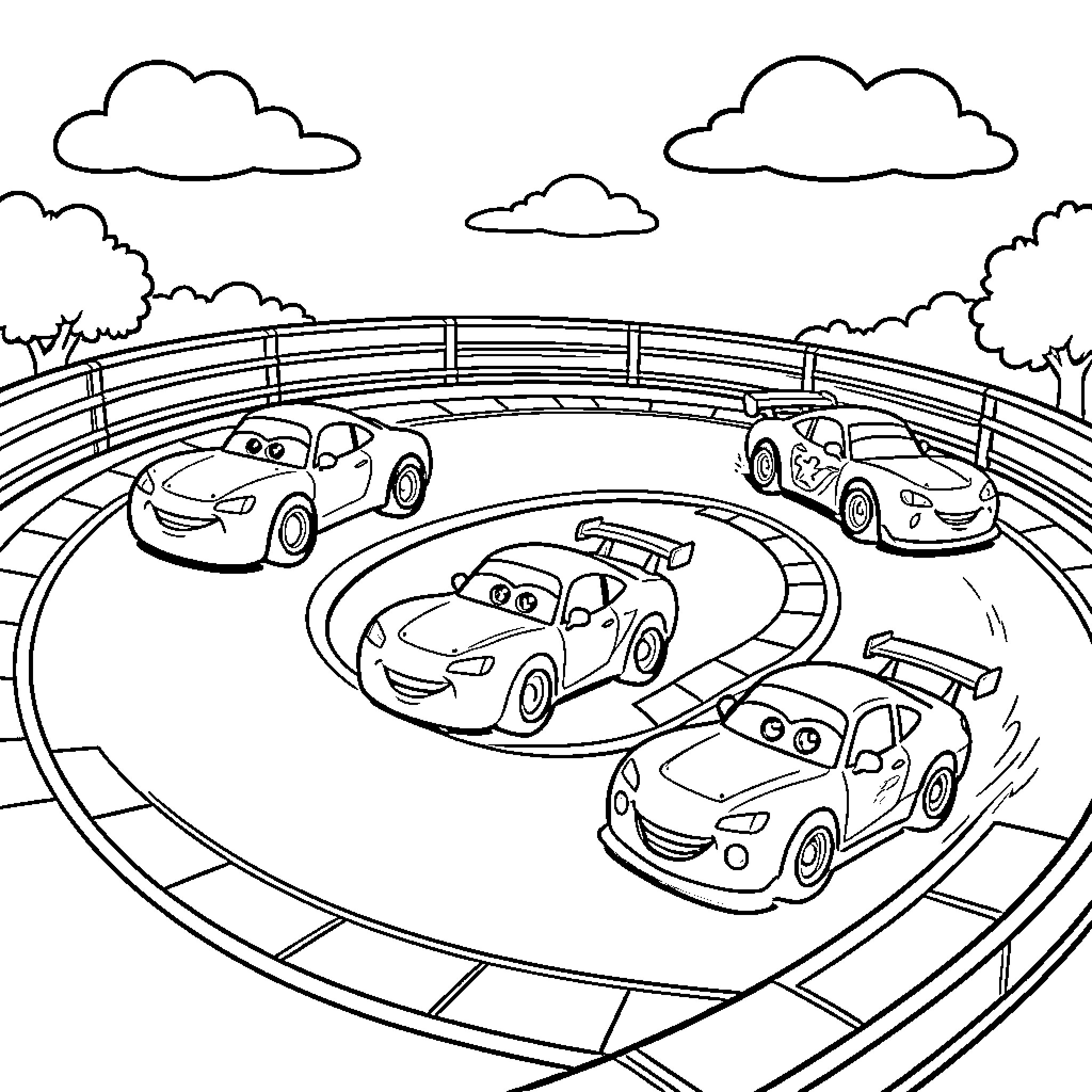 Race Car Characters Competing on a Track Coloring Page (free black-and-white line drawing printable PDF for all, from beginners to advanced learners, including children, teens, adults, and seniors)