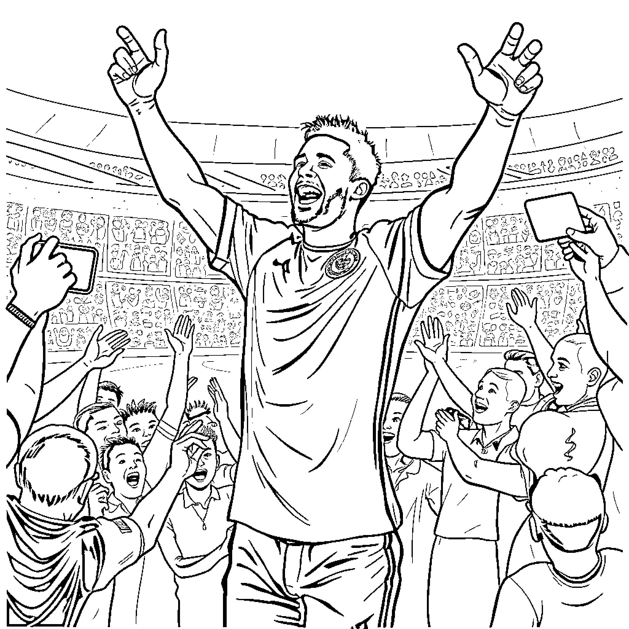 Nico Williams celebrates with fans in stadium Coloring Page (free black-and-white line drawing printable PDF for all, from beginners to advanced learners, including children, teens, adults, and seniors)