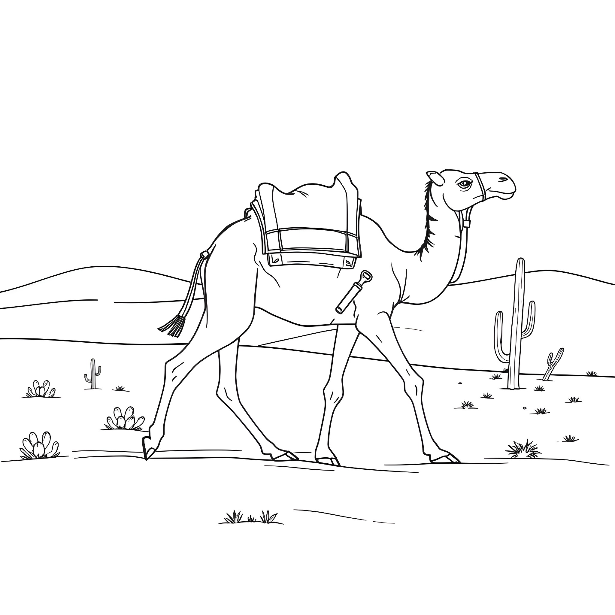 Camel carrying supplies in desert landscape Coloring Page (free black-and-white line drawing printable PDF for all, from beginners to advanced learners, including children, teens, adults, and seniors)