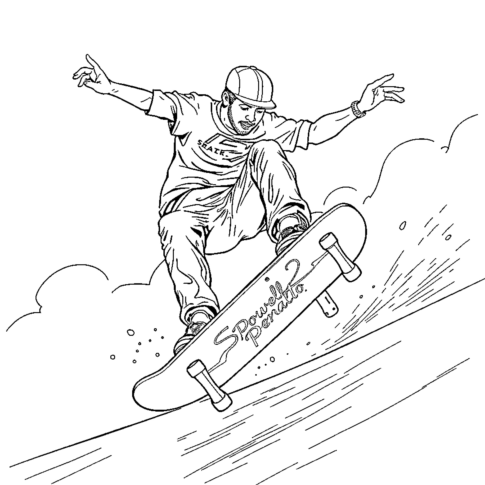 Steve Caballero performing a skateboarding stunt Coloring Page (free black-and-white line drawing printable PDF for all, from beginners to advanced learners, including children, teens, adults, and seniors)