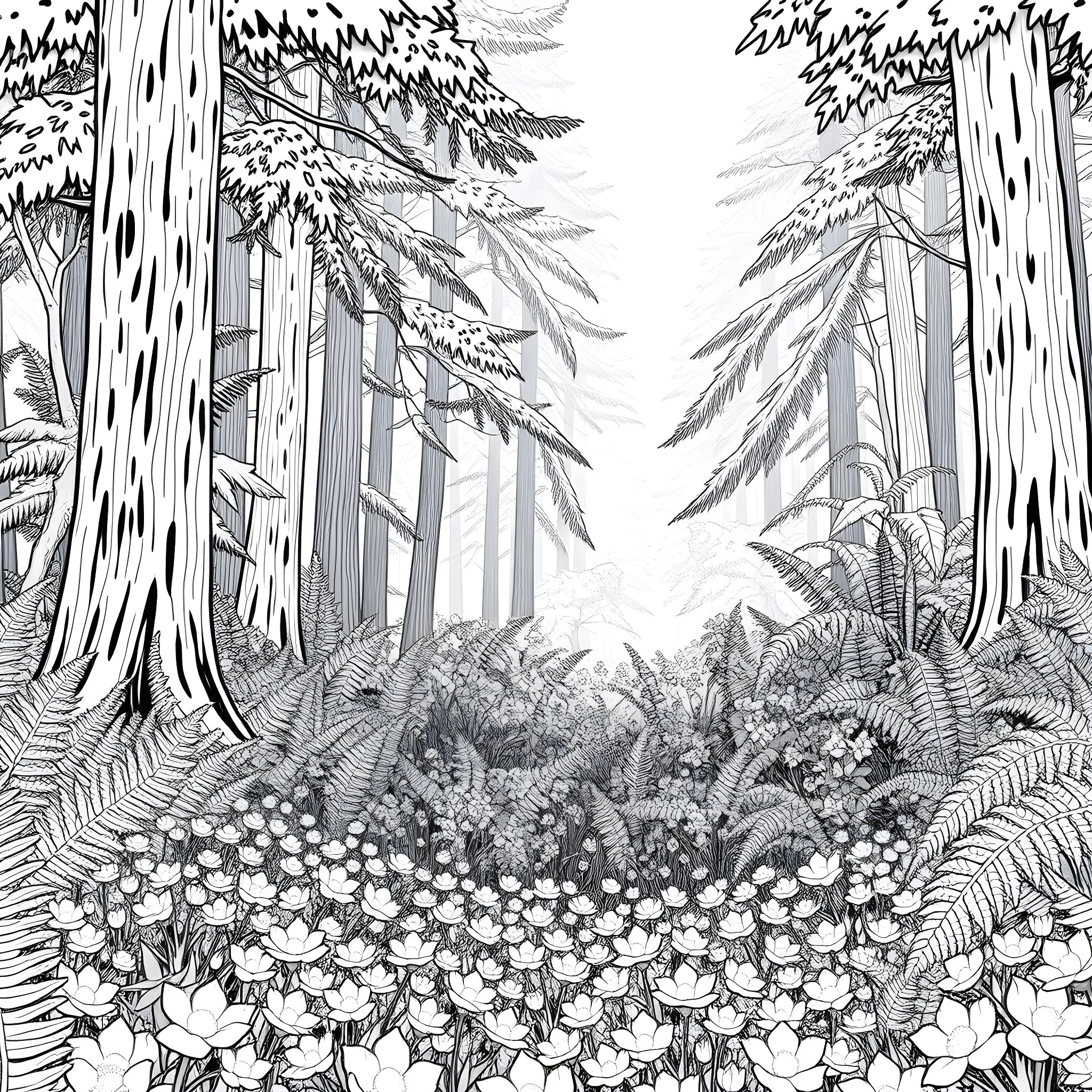 Garlic Mustard: Lush Woodland Landscape Coloring Page (free black-and-white line drawing printable PDF for all, from beginners to advanced learners, including children, teens, adults, and seniors)