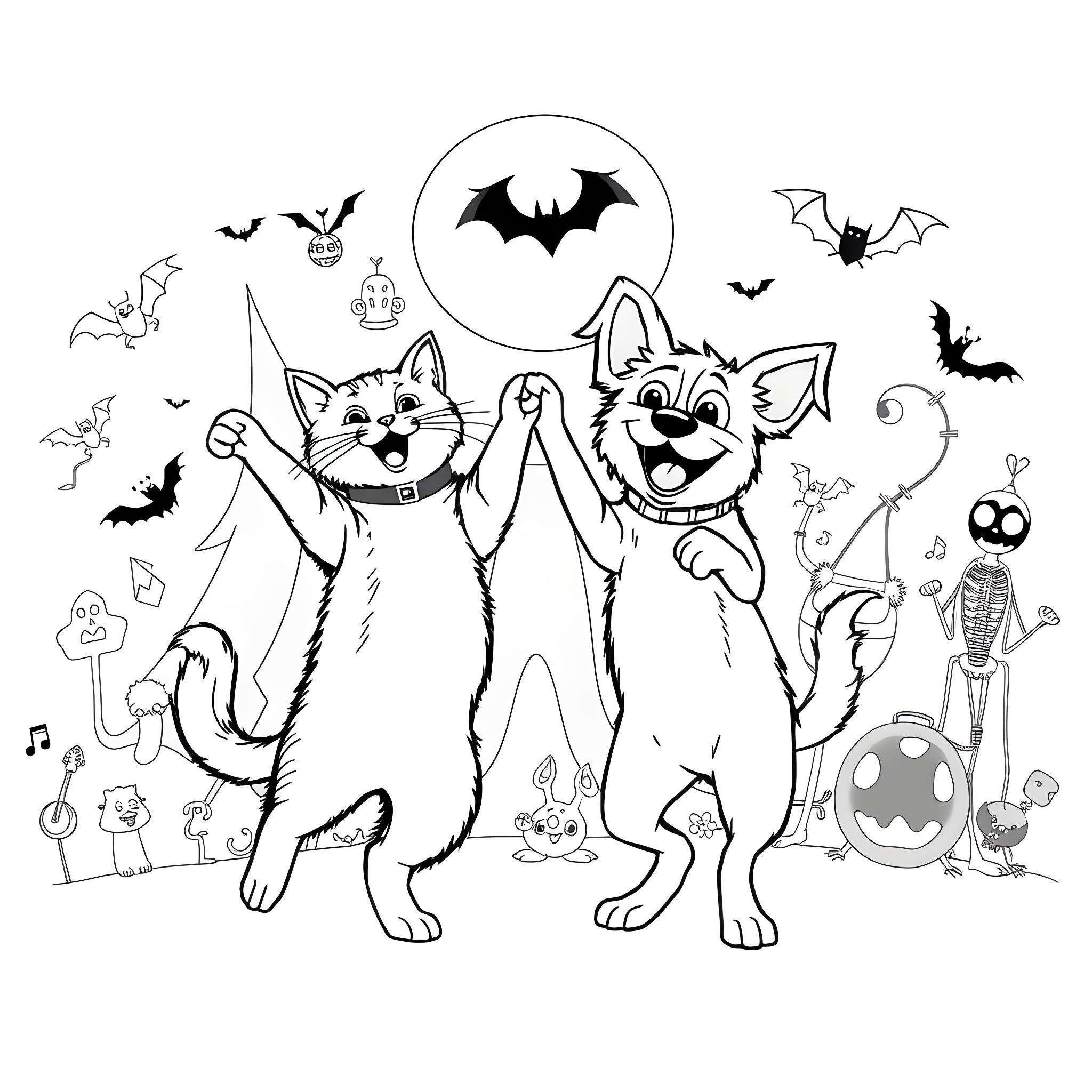 Cats dressed up for Halloween celebration Coloring Page (free black-and-white line drawing printable PDF for all, from beginners to advanced learners, including children, teens, adults, and seniors)