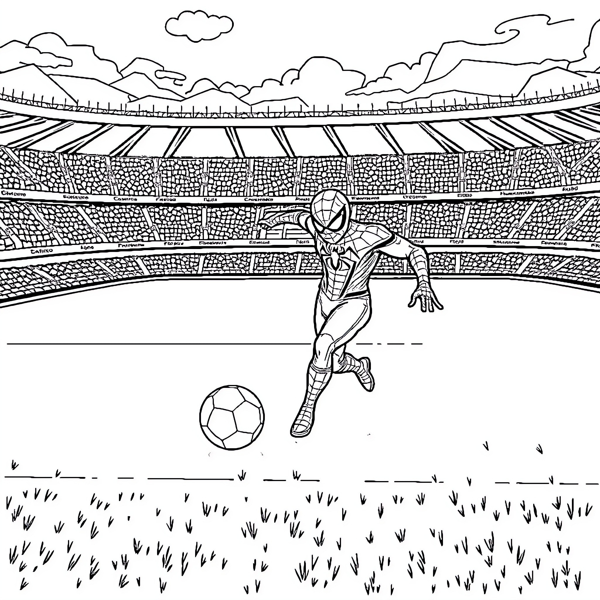 Spiderman playing soccer in a stadium Coloring Page (free black-and-white line drawing printable PDF for all, from beginners to advanced learners, including children, teens, adults, and seniors)