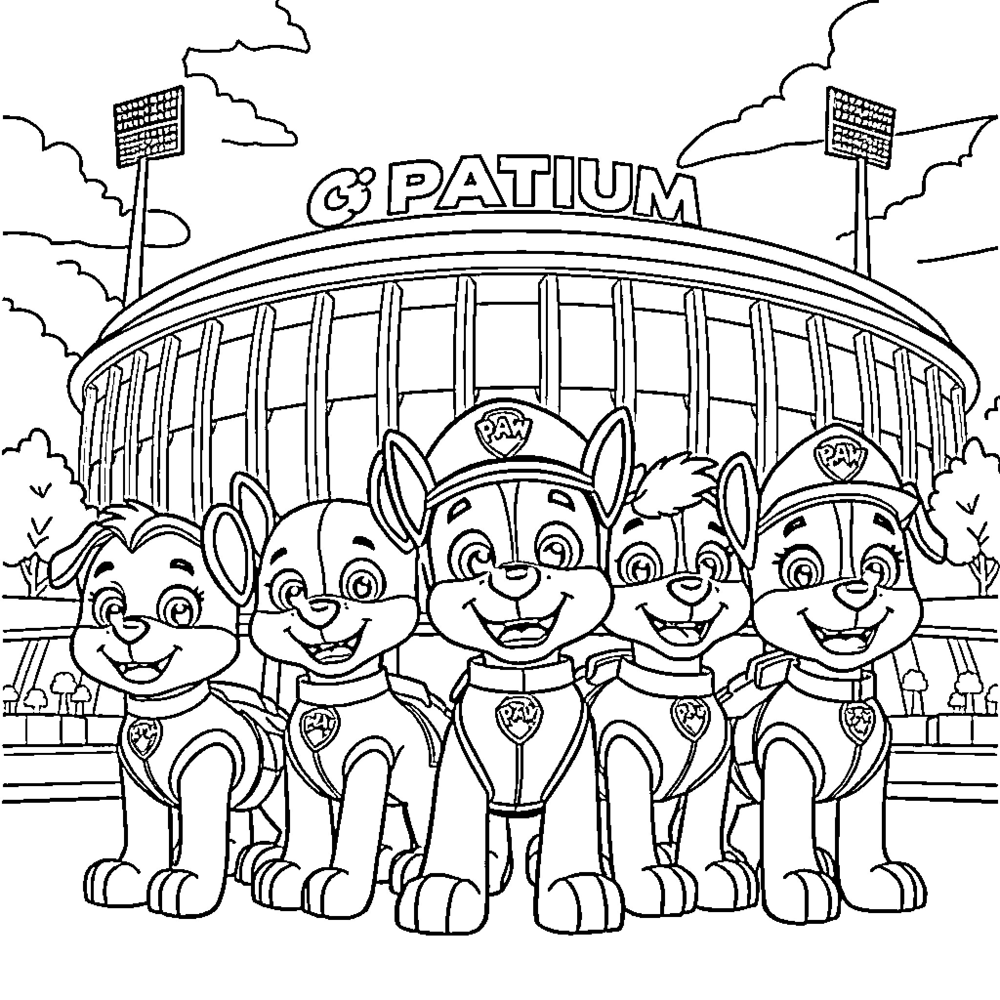 Paw Patrol puppies visit the Paw Patrol stadium Coloring Page (free black-and-white line drawing printable PDF for all, from beginners to advanced learners, including children, teens, adults, and seniors)