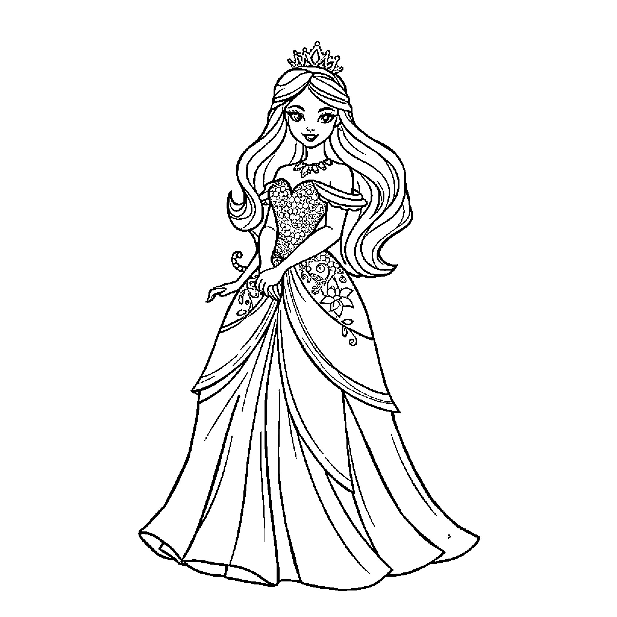 Princess in Elegant Gown and Tiara Coloring Page (free black-and-white line drawing printable PDF for all, from beginners to advanced learners, including children, teens, adults, and seniors)