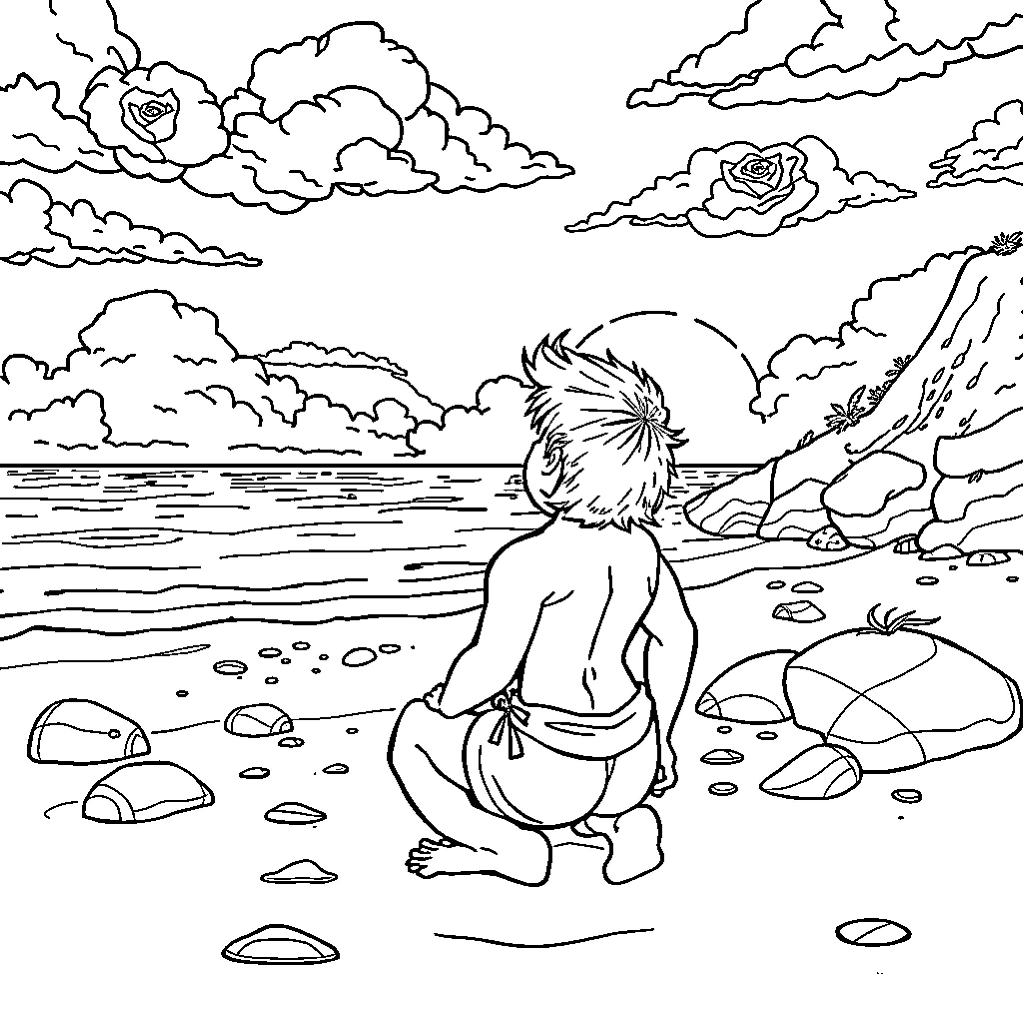 Chavo admiring the coastal scenery Coloring Page (free black-and-white line drawing printable PDF for all, from beginners to advanced learners, including children, teens, adults, and seniors)