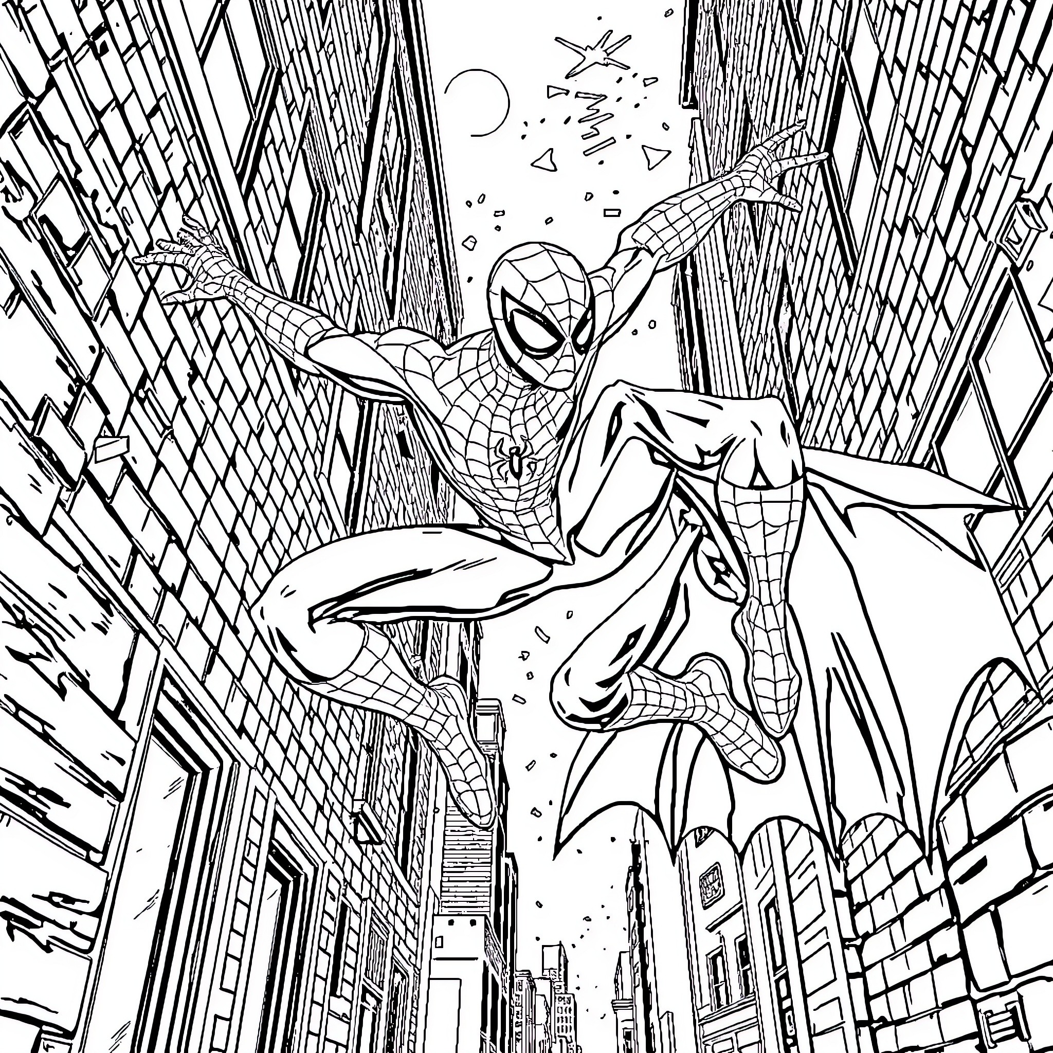 Spider-Man swinging through the city Coloring Page (free black-and-white line drawing printable PDF for all, from beginners to advanced learners, including children, teens, adults, and seniors)