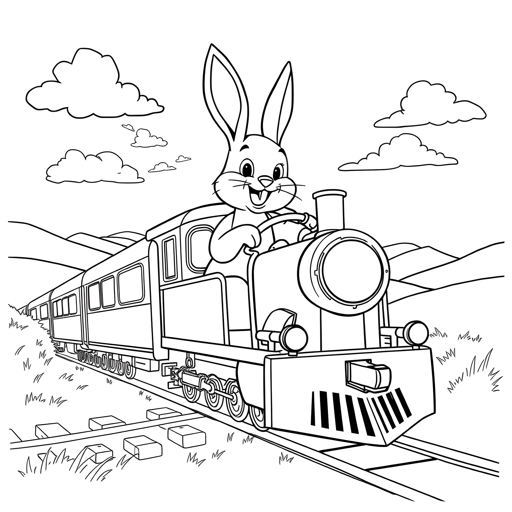 Bunny riding a train through the countryside Coloring Page (free black-and-white line drawing printable PDF for all, from beginners to advanced learners, including children, teens, adults, and seniors)