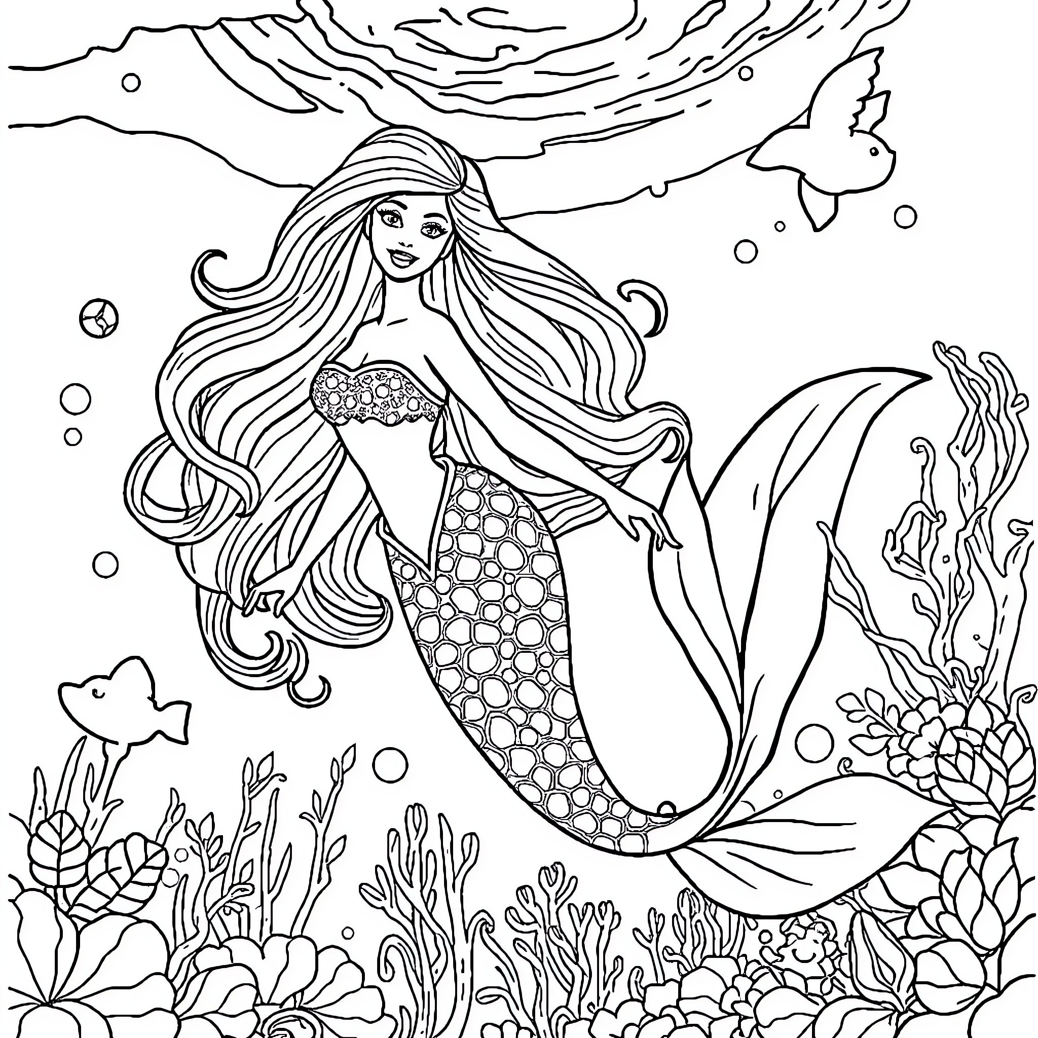 Mermaid swimming gracefully in the underwater world Coloring Page (free black-and-white line drawing printable PDF for all, from beginners to advanced learners, including children, teens, adults, and seniors)