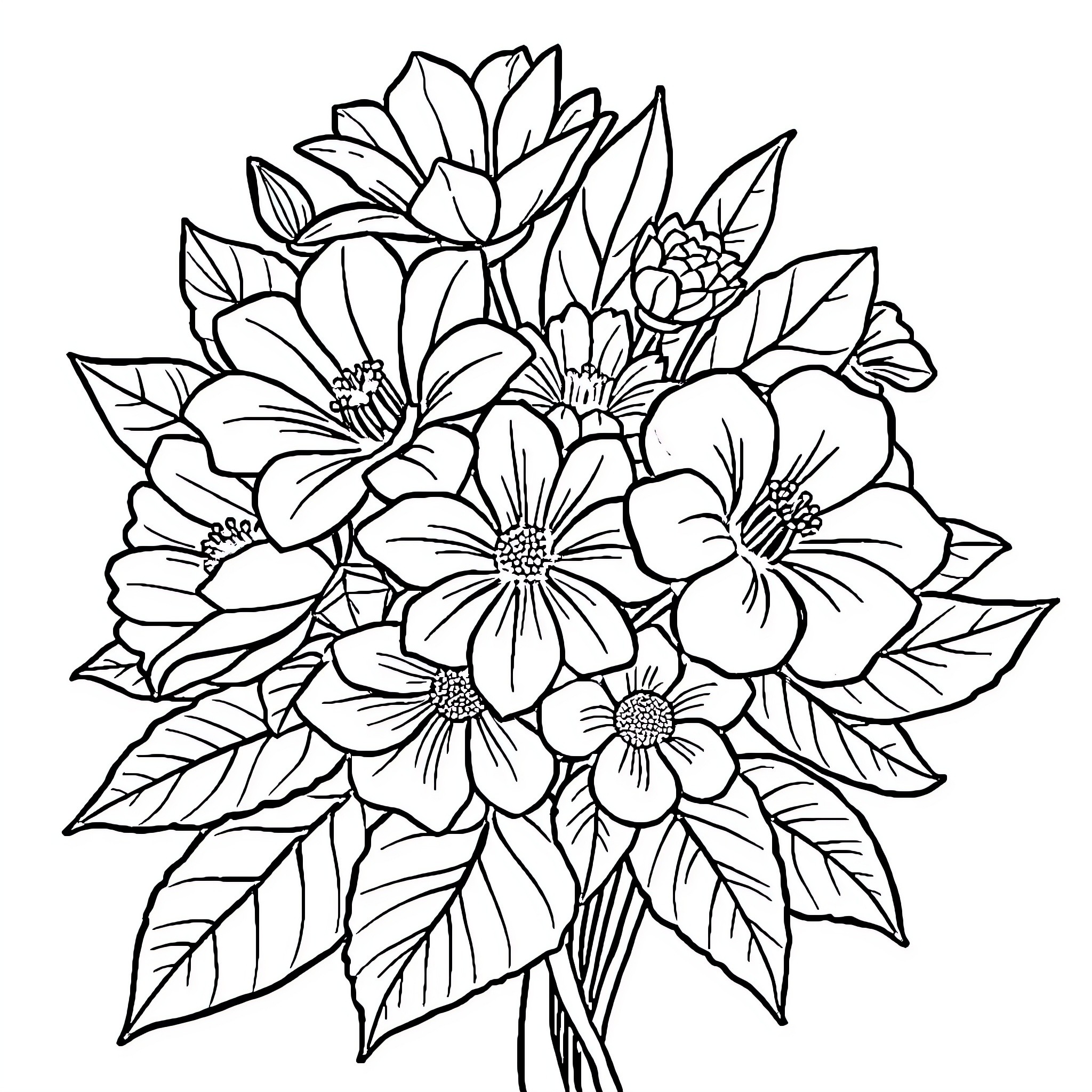 Flower bouquet with blooming floral arrangement Coloring Page (free black-and-white line drawing printable PDF for all, from beginners to advanced learners, including children, teens, adults, and seniors)