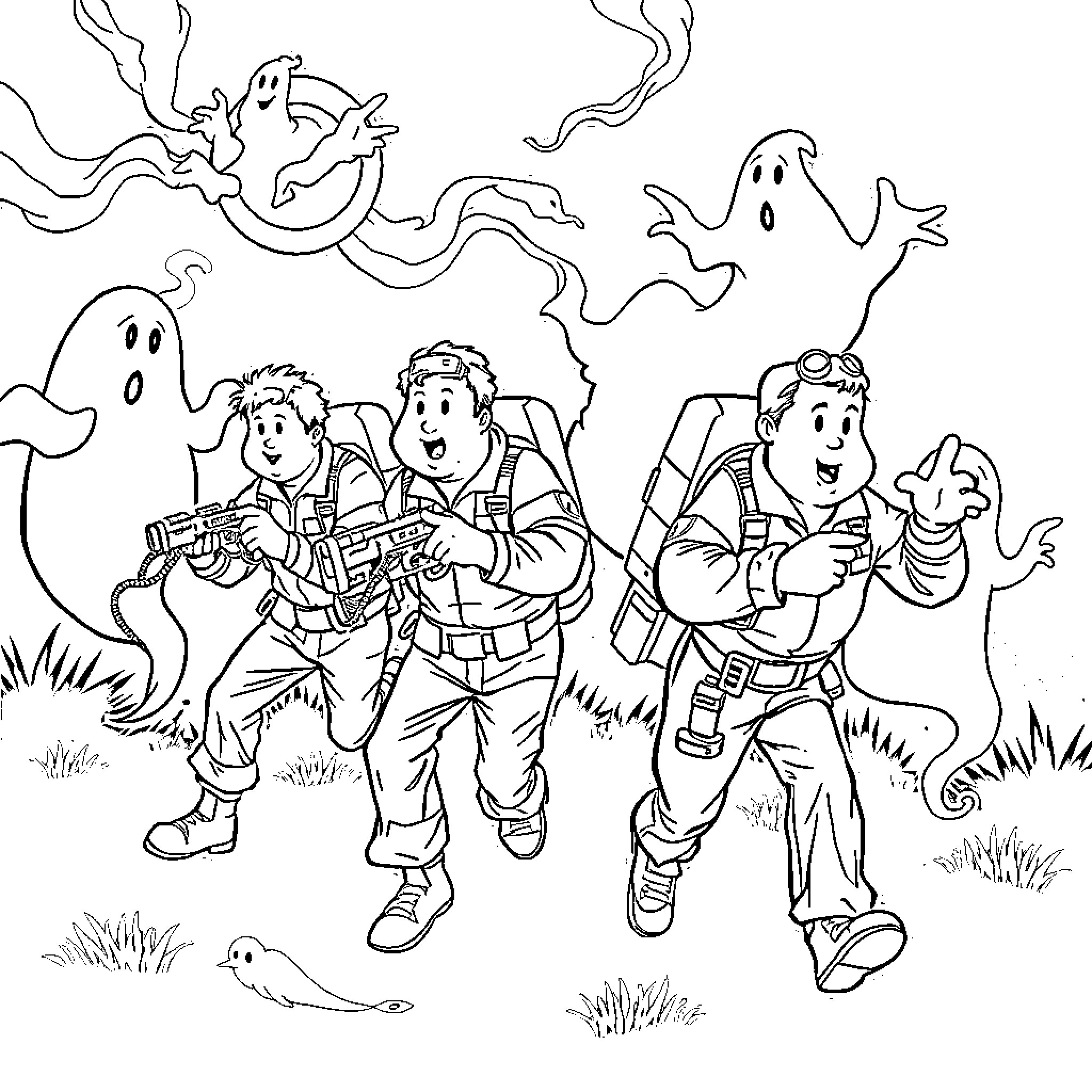 Ghostbusters hunting ghosts in the field Coloring Page (free black-and-white line drawing printable PDF for all, from beginners to advanced learners, including children, teens, adults, and seniors)