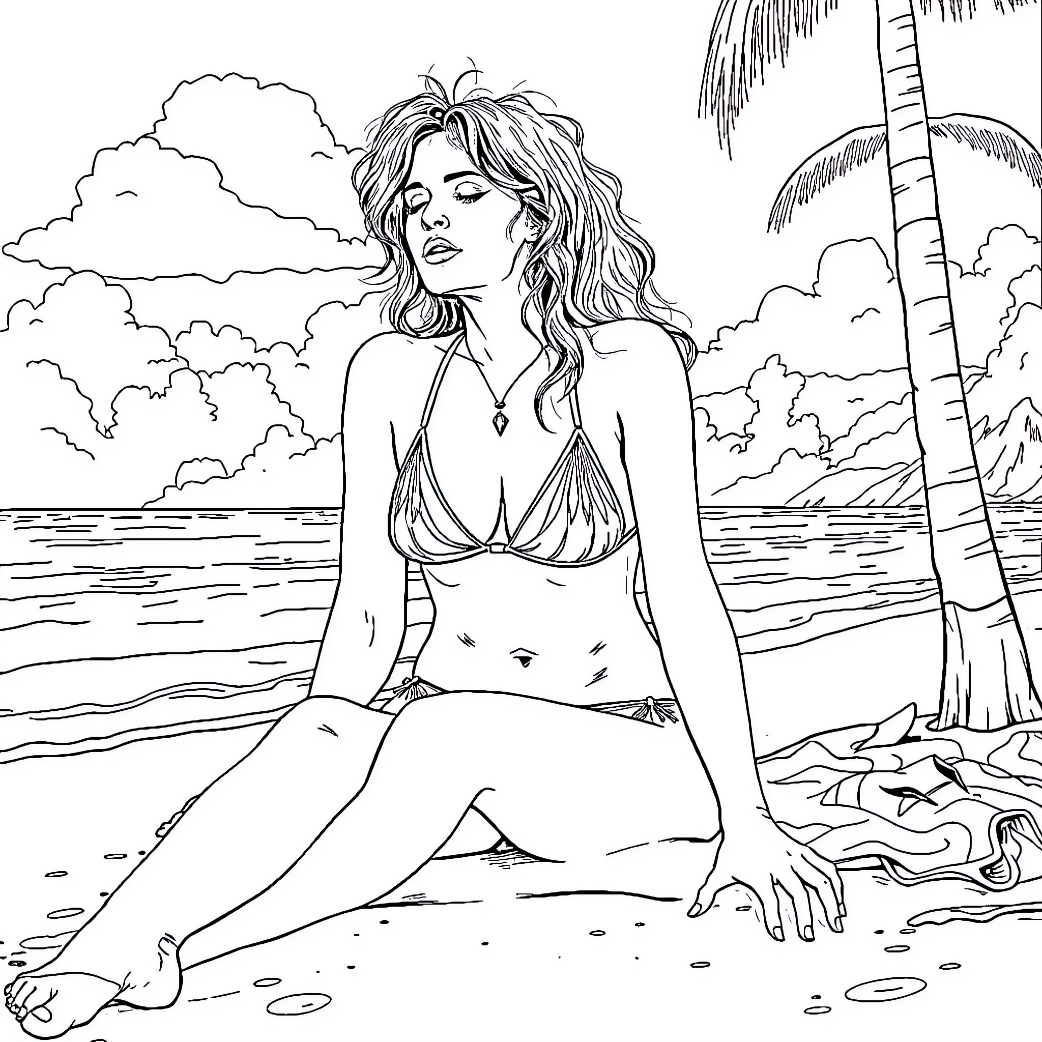 Ville Valo's serene beach contemplation Coloring Page (free black-and-white line drawing printable PDF for all, from beginners to advanced learners, including children, teens, adults, and seniors)