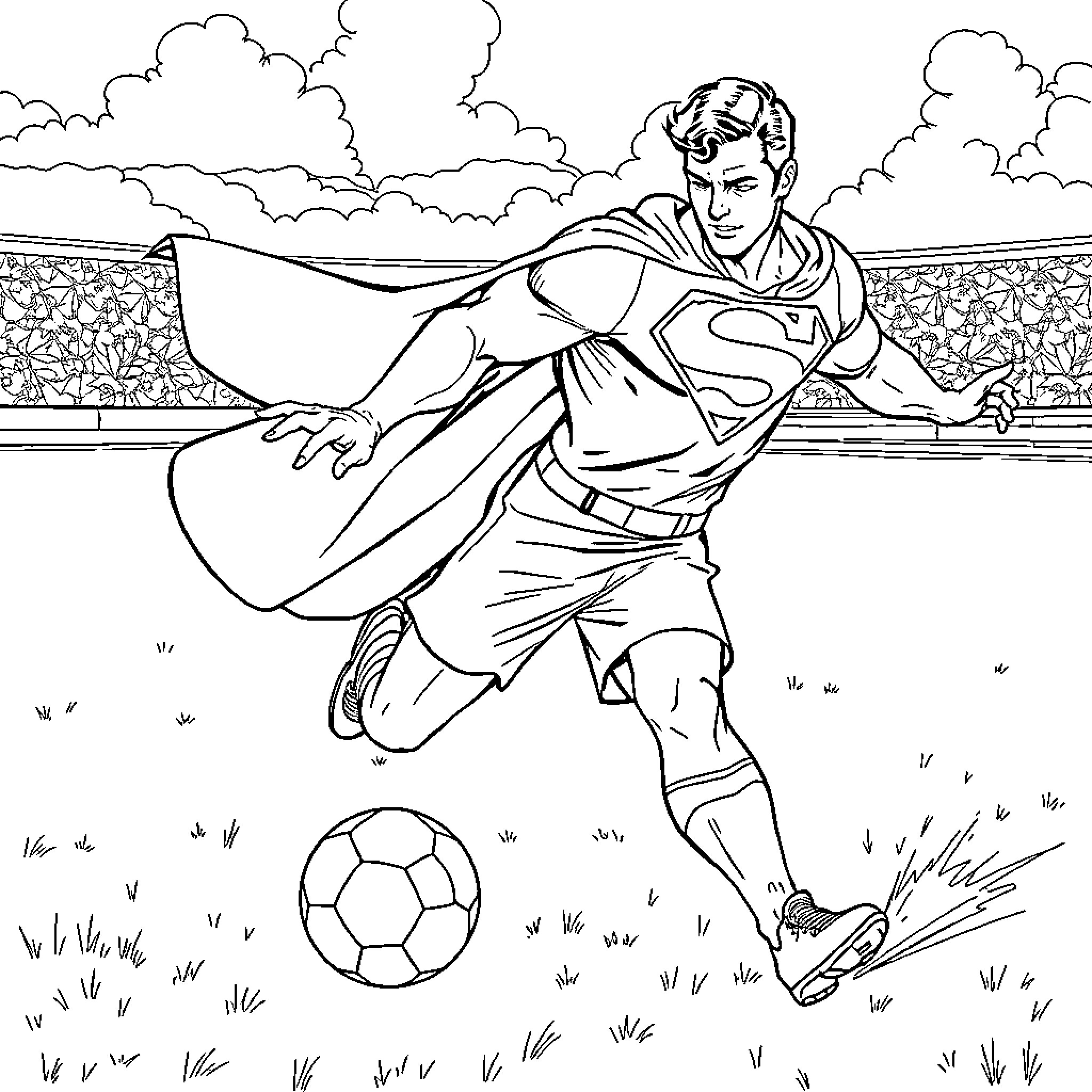 Superman playing soccer in the field Coloring Page (free black-and-white line drawing printable PDF for all, from beginners to advanced learners, including children, teens, adults, and seniors)