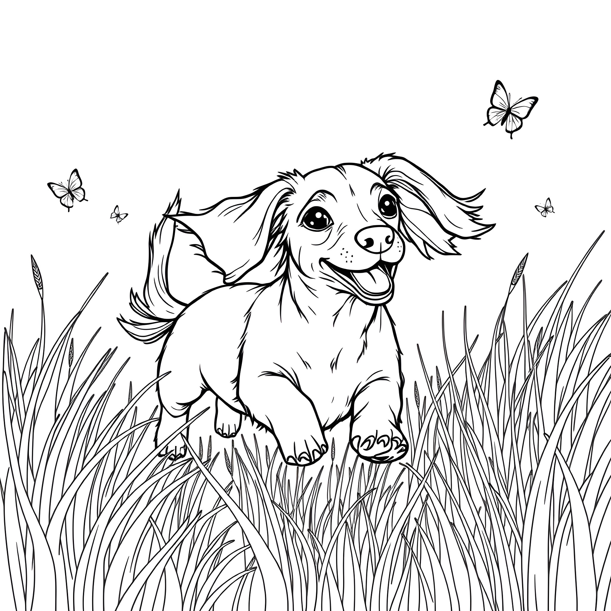 Dachshund playing happily in the grass with butterflies Coloring Page (free black-and-white line drawing printable PDF for all, from beginners to advanced learners, including children, teens, adults, and seniors)
