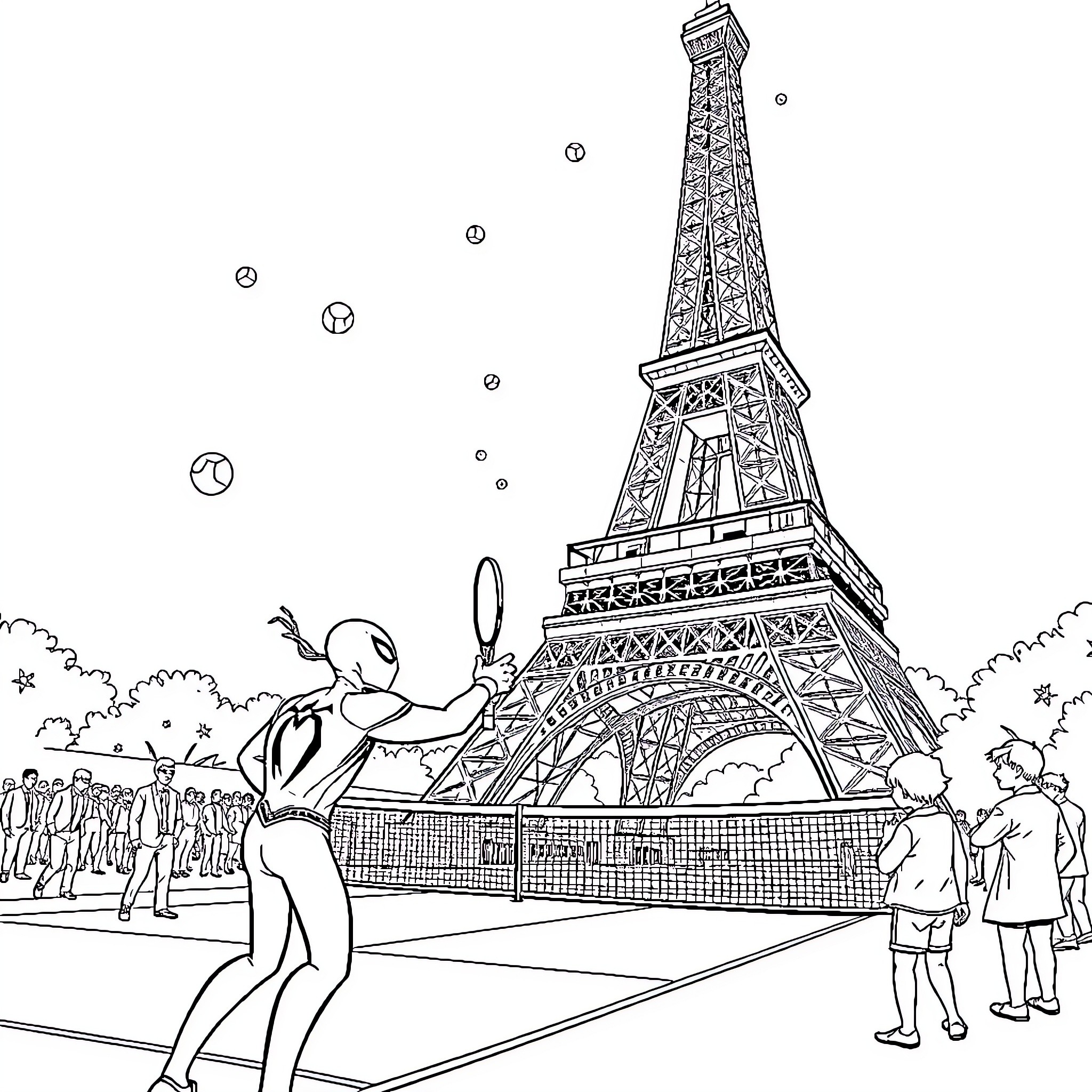 Spiderman swinging around the Eiffel Tower Coloring Page (free black-and-white line drawing printable PDF for all, from beginners to advanced learners, including children, teens, adults, and seniors)