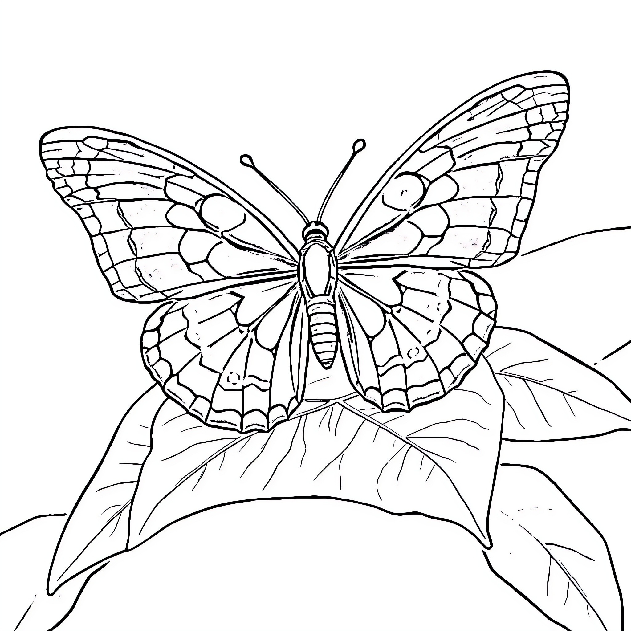 Butterfly resting on vibrant leaf Coloring Page (free black-and-white line drawing printable PDF for all, from beginners to advanced learners, including children, teens, adults, and seniors)