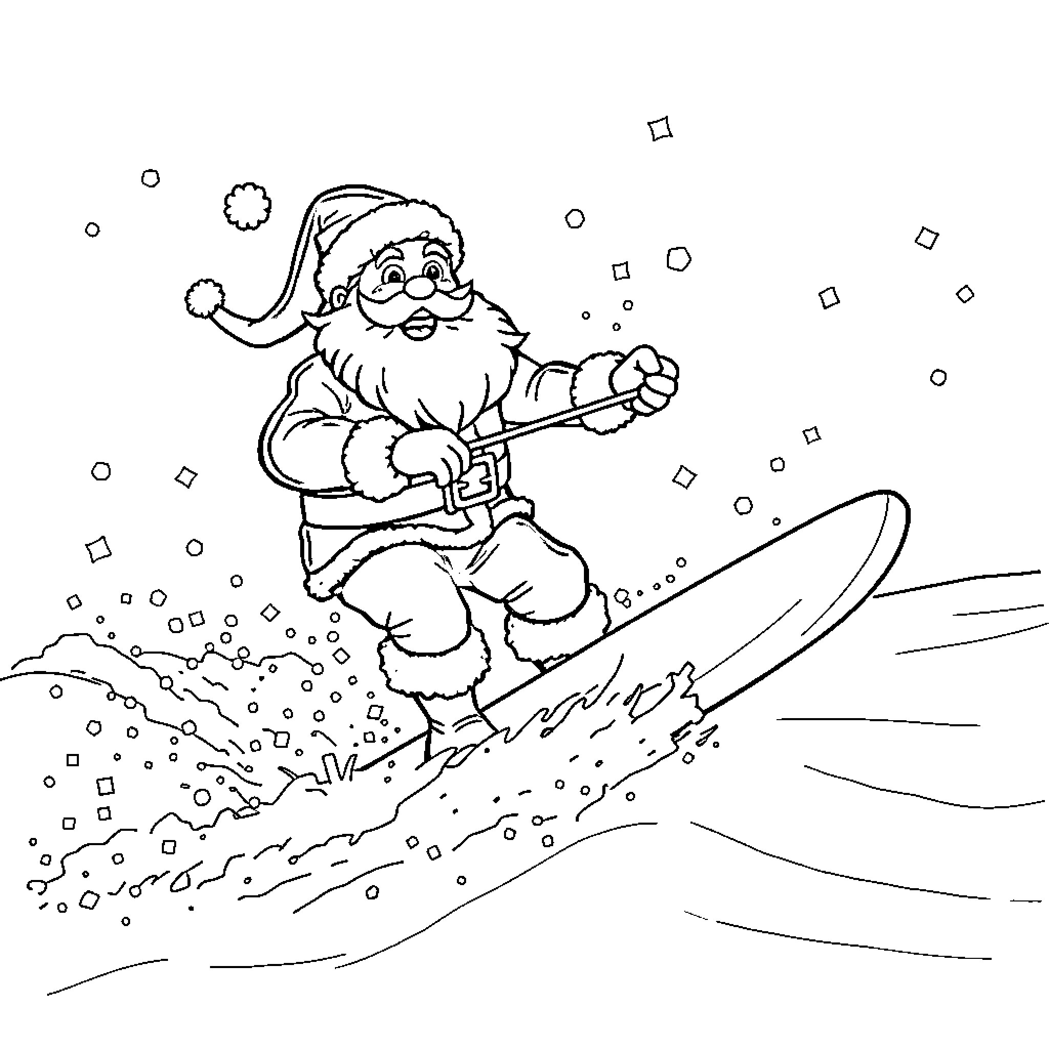 Santa riding a snowboard in the winter wonderland Coloring Page (free black-and-white line drawing printable PDF for all, from beginners to advanced learners, including children, teens, adults, and seniors)