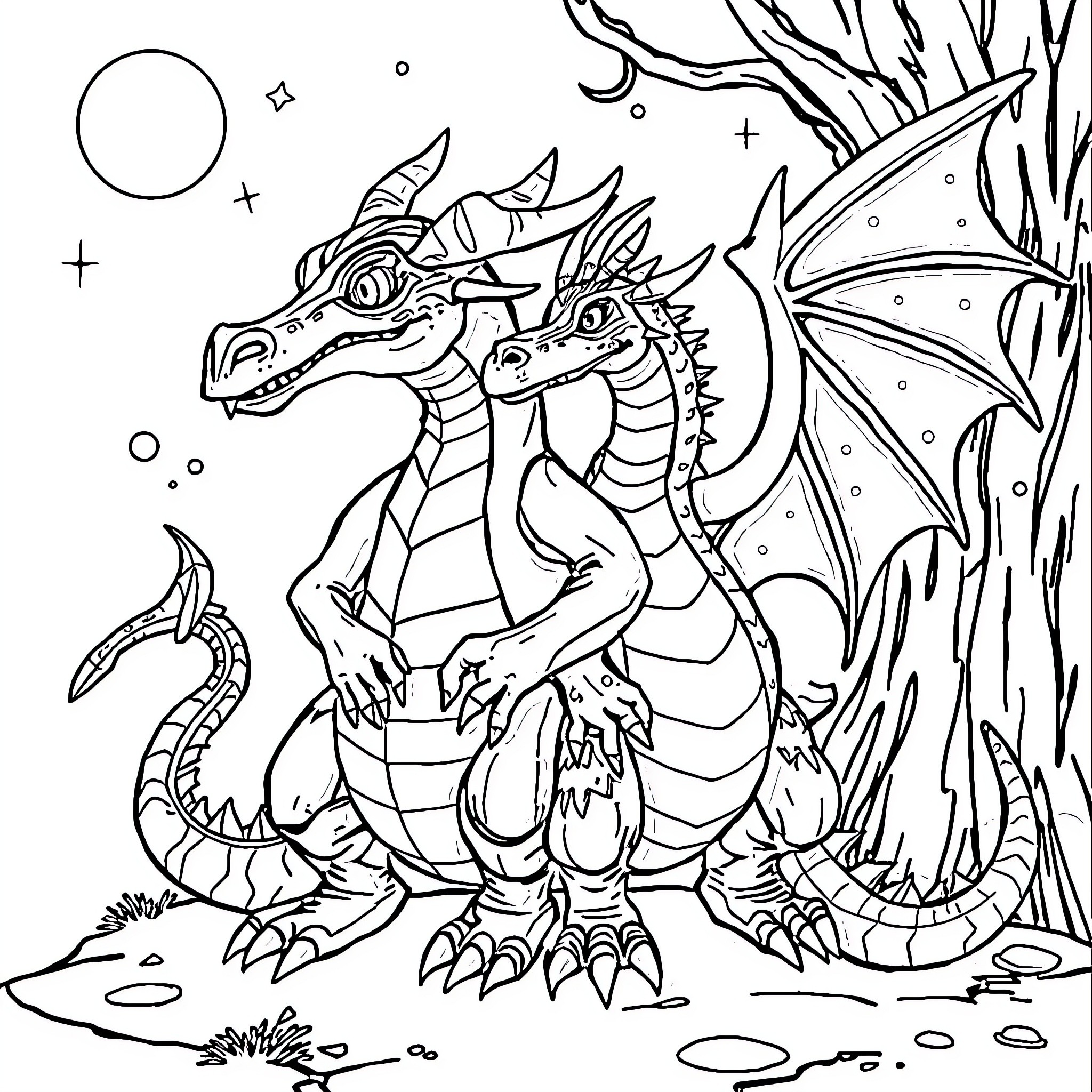 Roudoudou's Mythical Dragon Adventure Coloring Page (free black-and-white line drawing printable PDF for all, from beginners to advanced learners, including children, teens, adults, and seniors)