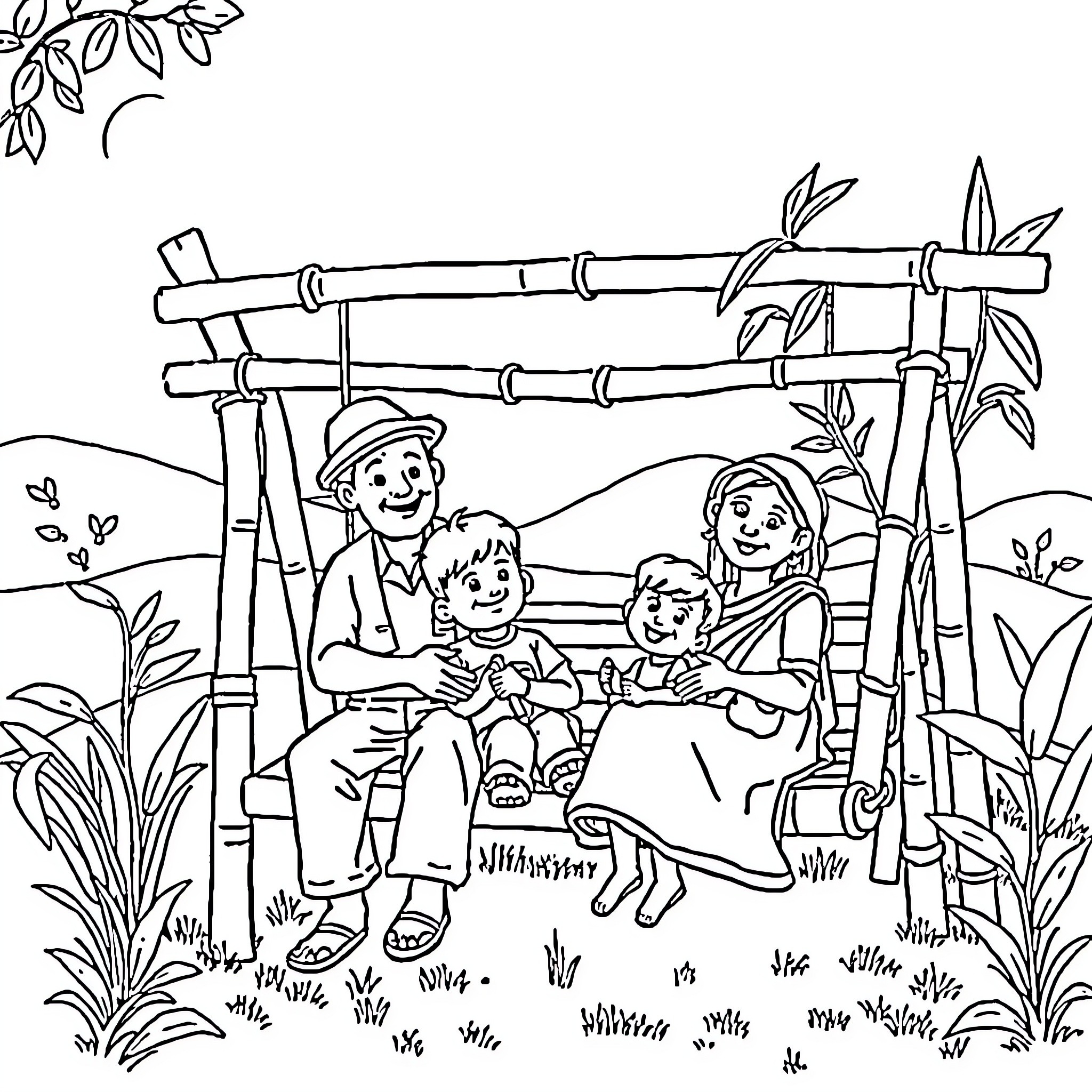 Farmer's family enjoying outdoor picnic in nature Coloring Page (free black-and-white line drawing printable PDF for all, from beginners to advanced learners, including children, teens, adults, and seniors)