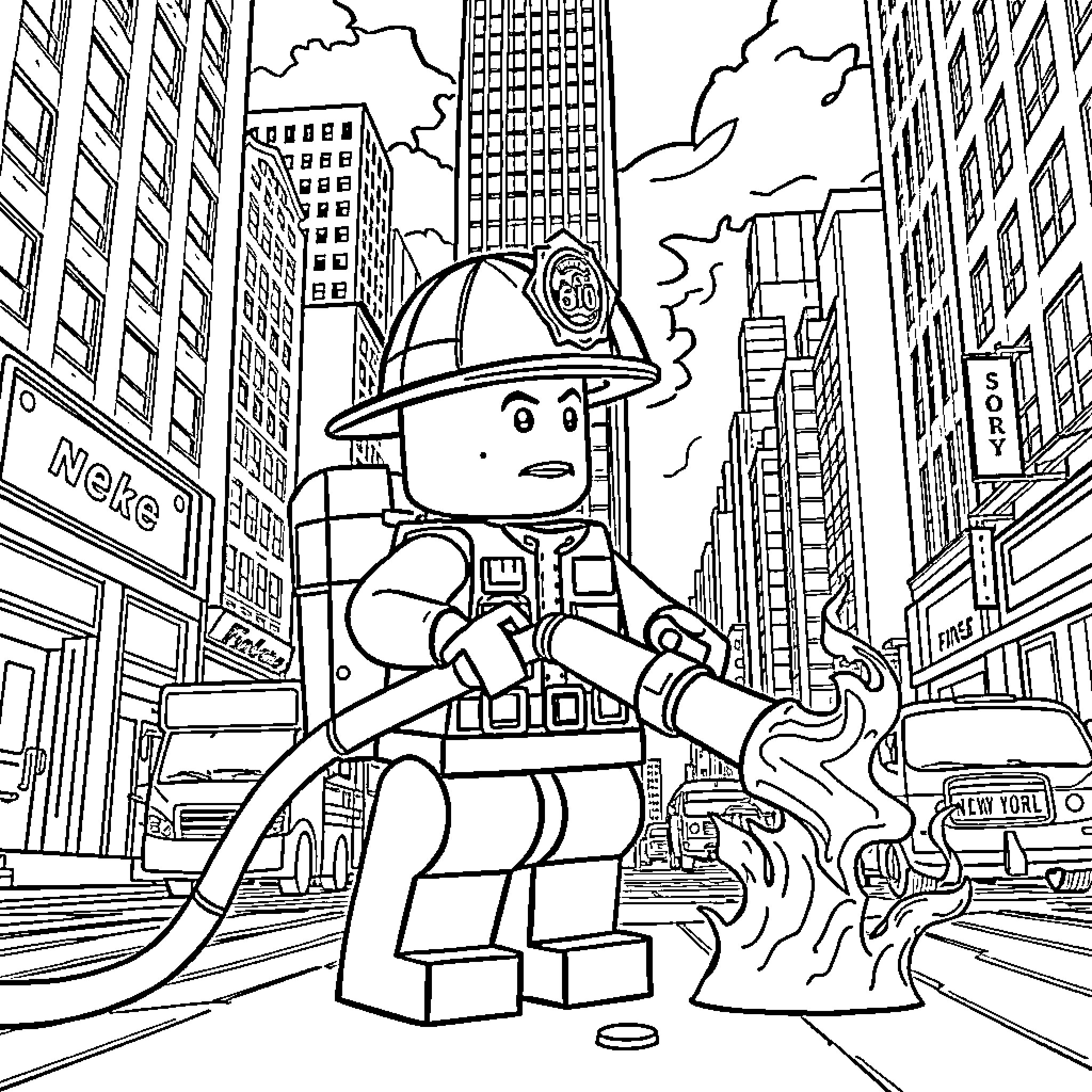 Firefighter battling flames in the city Coloring Page (free black-and-white line drawing printable PDF for all, from beginners to advanced learners, including children, teens, adults, and seniors)