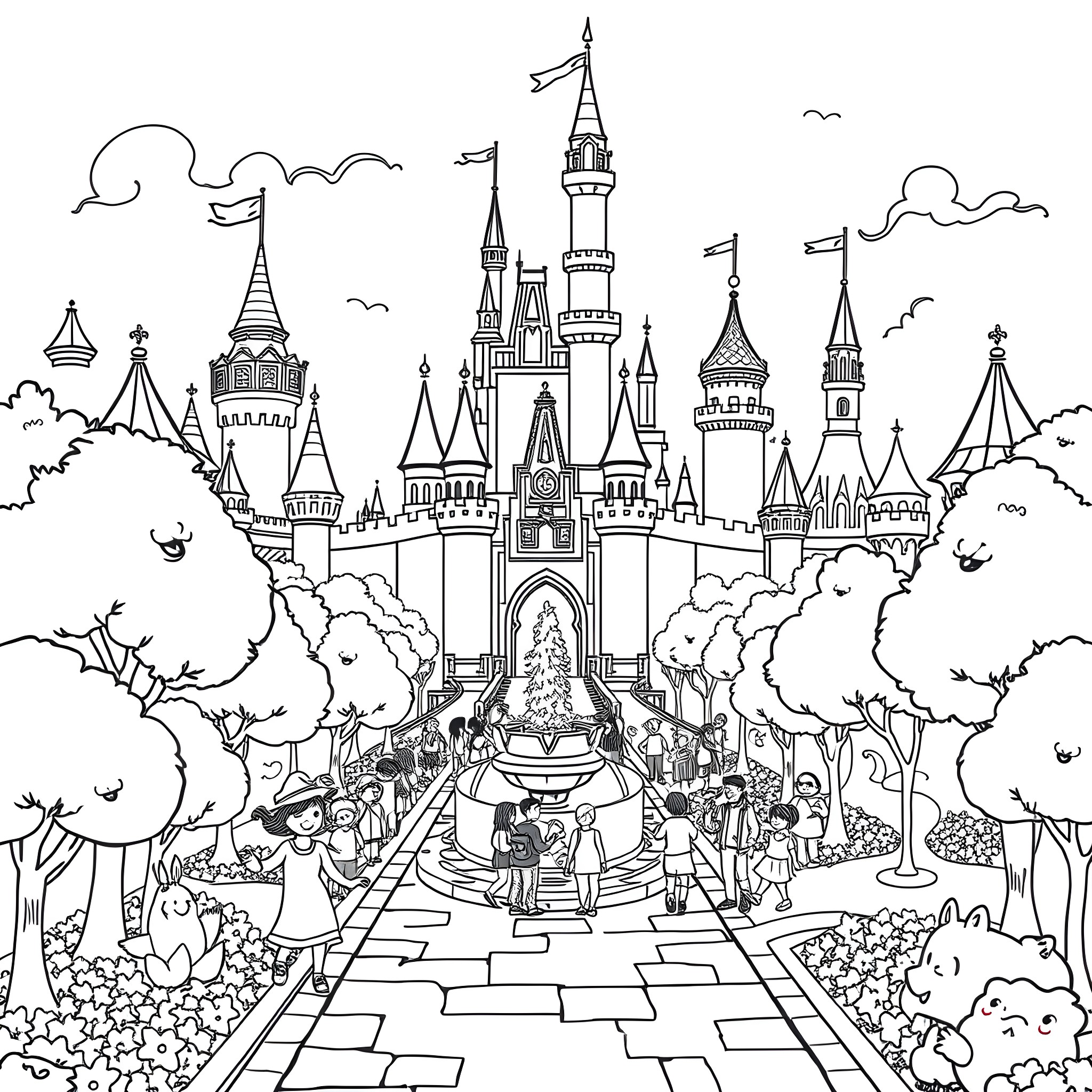 Disney Land Featuring Enchanting Castle and Whimsical Characters Coloring Page (free black-and-white line drawing printable PDF for all, from beginners to advanced learners, including children, teens, adults, and seniors)