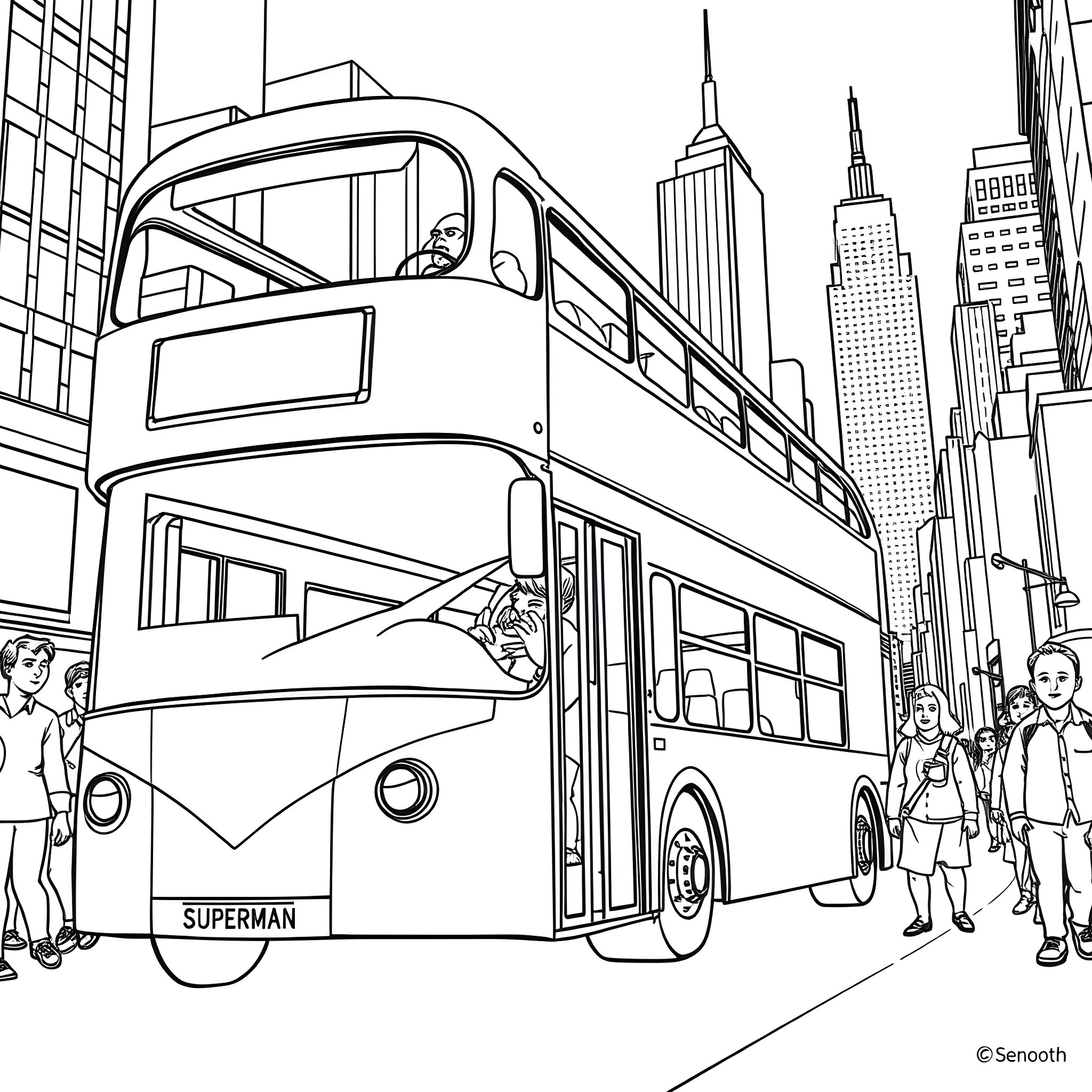 Superman rides a bus in the city Coloring Page (free black-and-white line drawing printable PDF for all, from beginners to advanced learners, including children, teens, adults, and seniors)